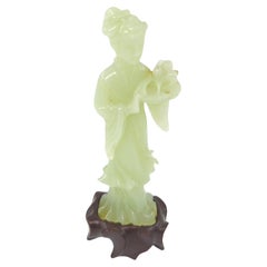 Used Chinese Carved Celadon Jade Beauty Fairy Lady On Zitan Stand Qing 19c