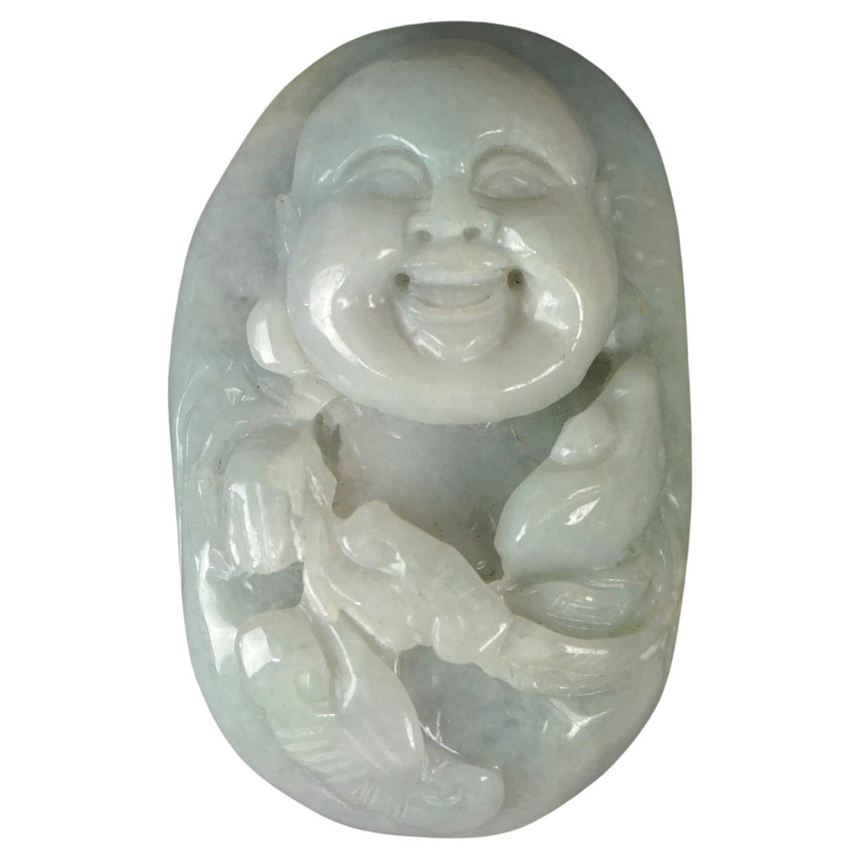 Antique Chinese Carved Celadon Jade Buddha, 19th C For Sale