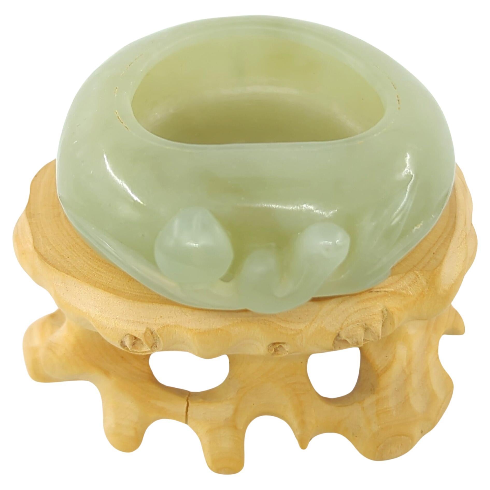 Hand-Carved Antique Chinese Carved Celadon Jade Peach Brush Wash w Stand Qing 19c For Sale
