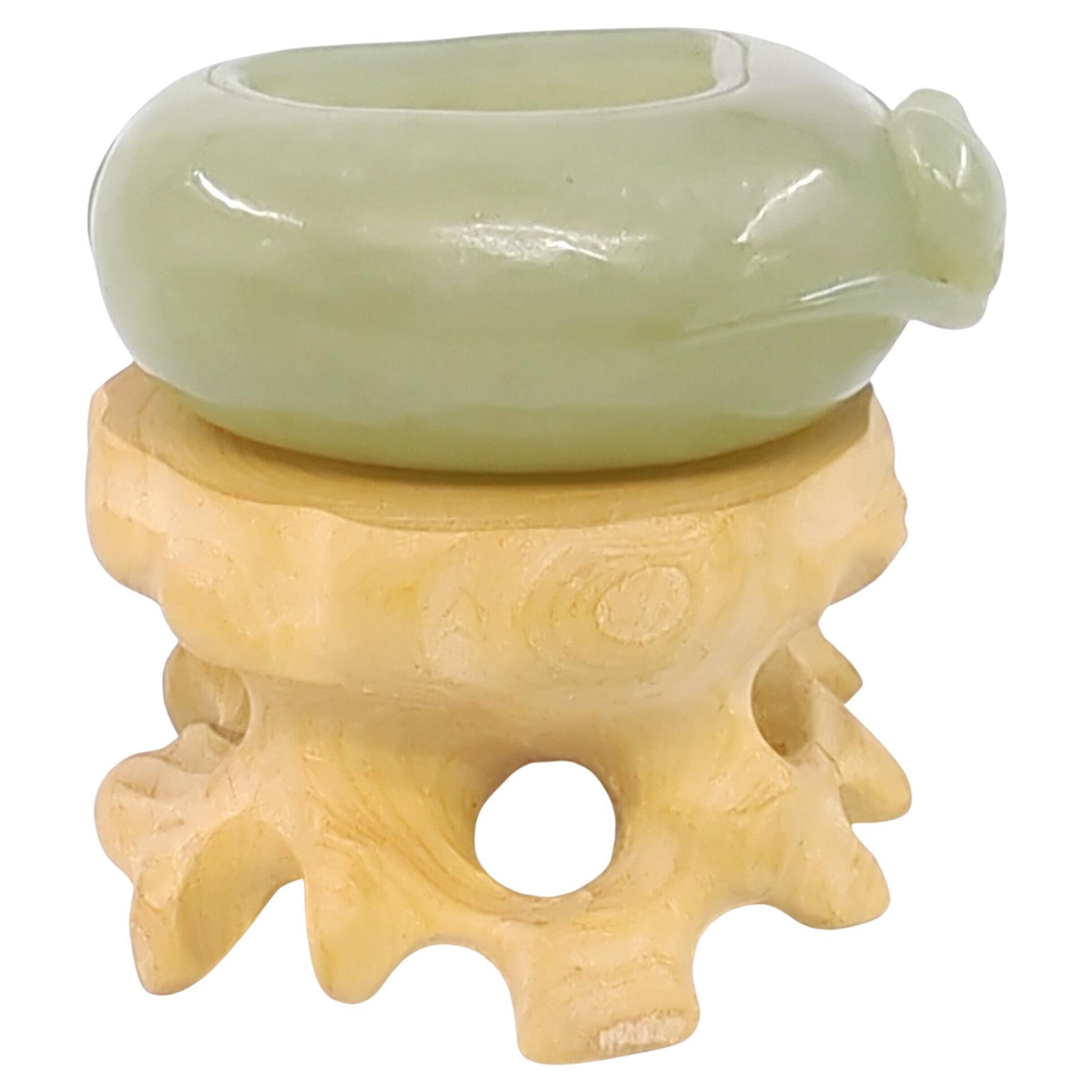 19th Century Antique Chinese Carved Celadon Jade Peach Brush Wash w Stand Qing 19c For Sale