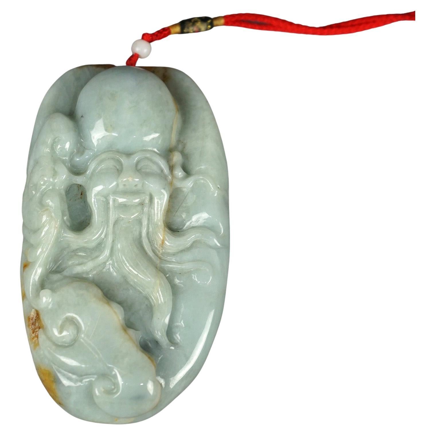 Antique Chinese Carved Celadon Jade Wise Man Octopus 19th C For Sale