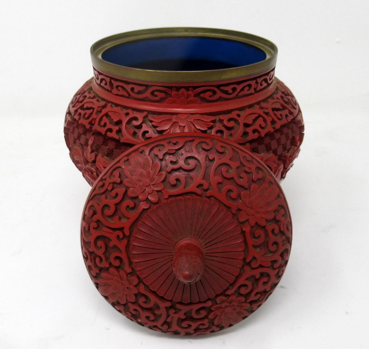 Art Deco Antique Chinese Carved Cinnabar Bowl Ginger Jar Centerpiece Guangxu 19th Century