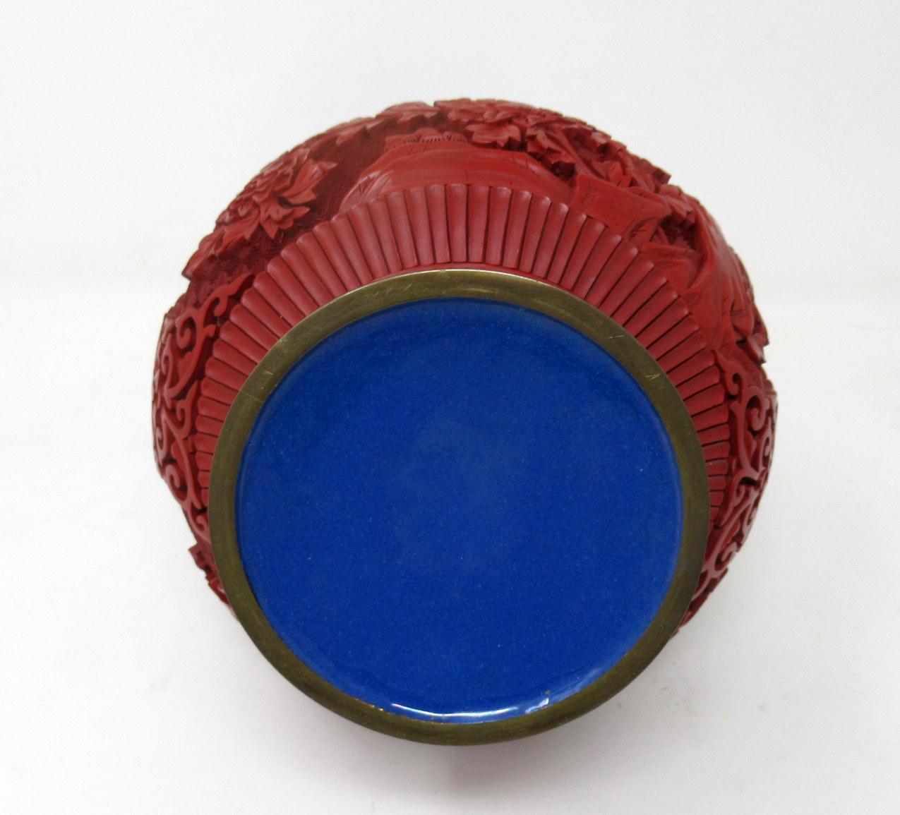 Antique Chinese Carved Cinnabar Bowl Ginger Jar Centerpiece Guangxu 19th Century In Good Condition In Dublin, Ireland
