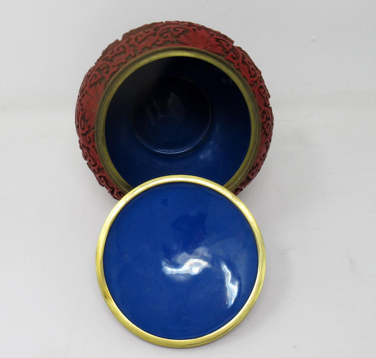 20th Century Antique Chinese Carved Cinnabar Bowl Ginger Jar Centerpiece Guangxu 19th Century