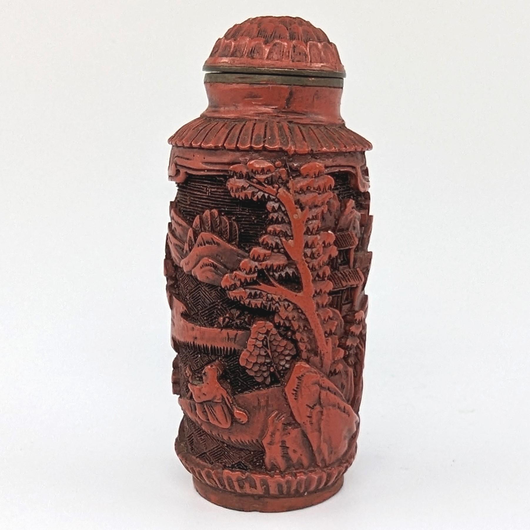 Antique Chinese Carved Cinnabar Lacquer Snuff Bottle Cylindrical 18-19c Qing  6