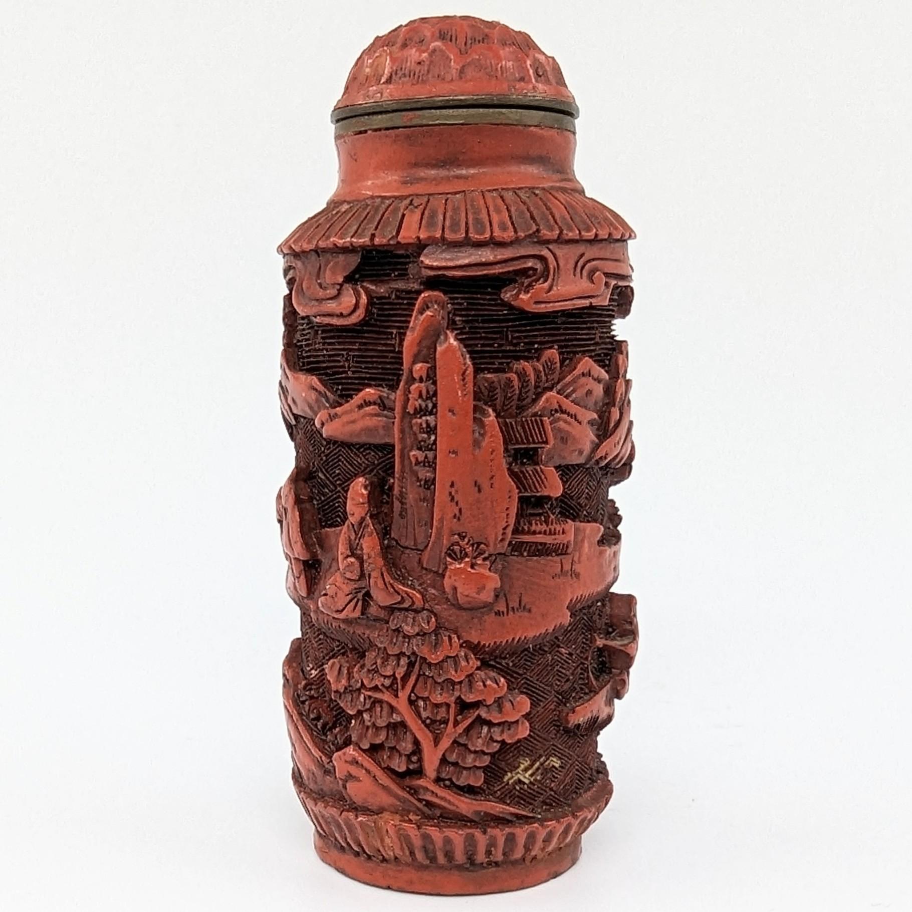 Antique Chinese Carved Cinnabar Lacquer Snuff Bottle Cylindrical 18-19c Qing  7