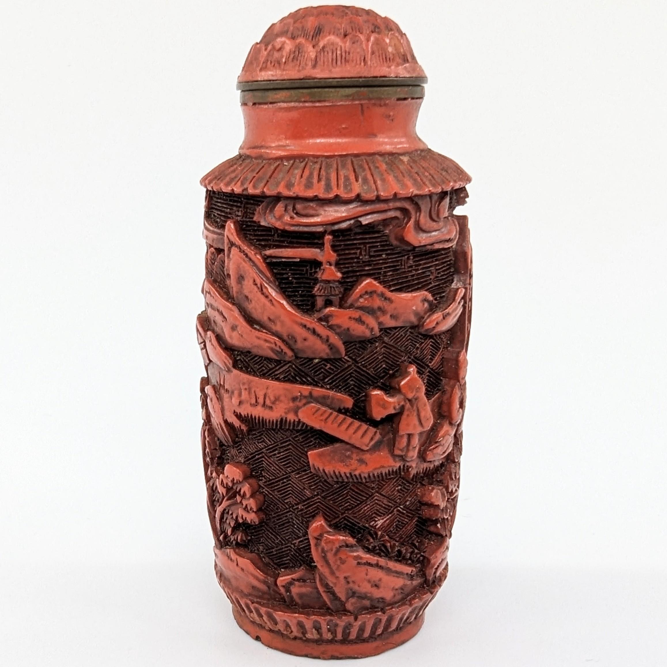 Antique Chinese Carved Cinnabar Lacquer Snuff Bottle Cylindrical 18-19c Qing  8