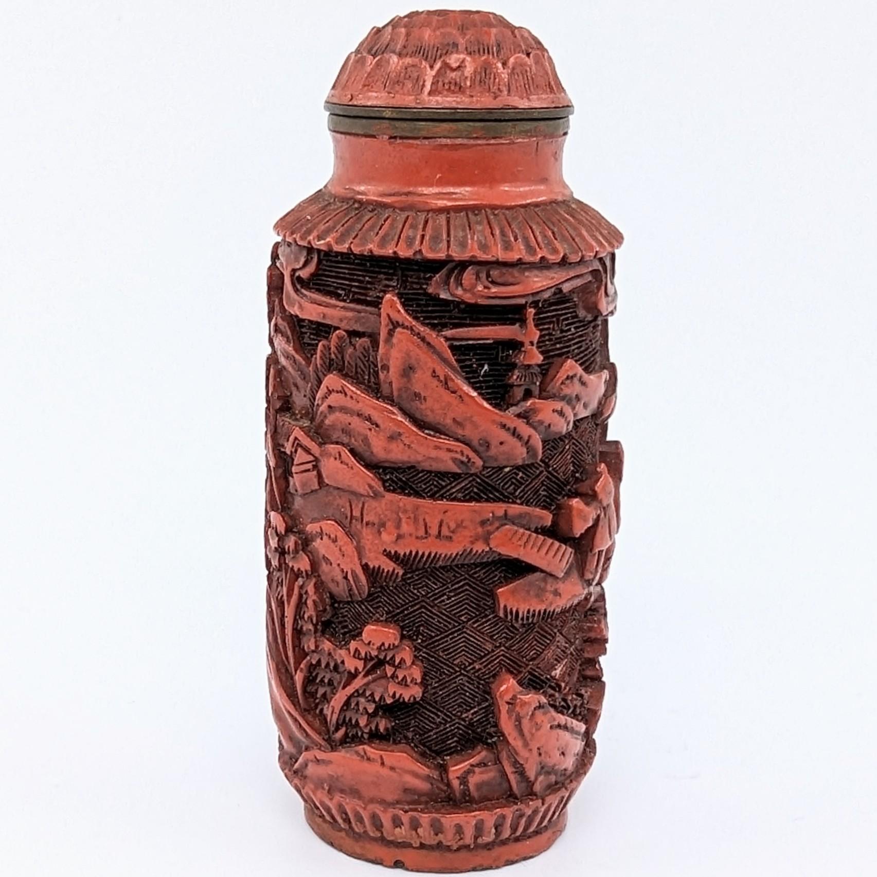 Women's or Men's Antique Chinese Carved Cinnabar Lacquer Snuff Bottle Cylindrical 18-19c Qing 