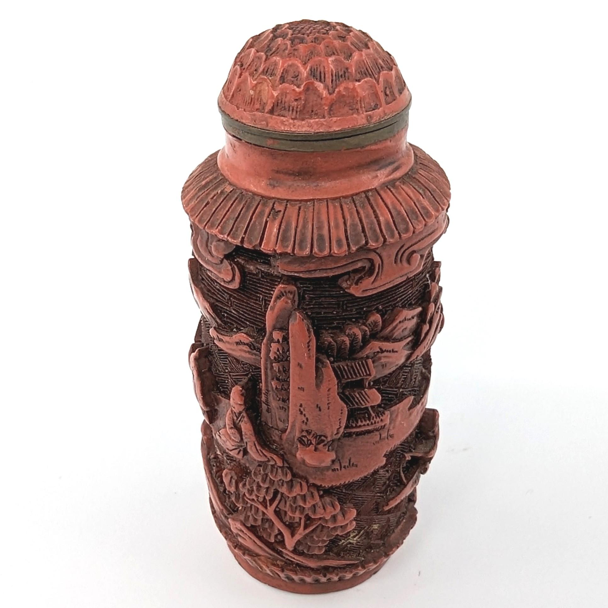 Antique Chinese Carved Cinnabar Lacquer Snuff Bottle Cylindrical 18-19c Qing  1