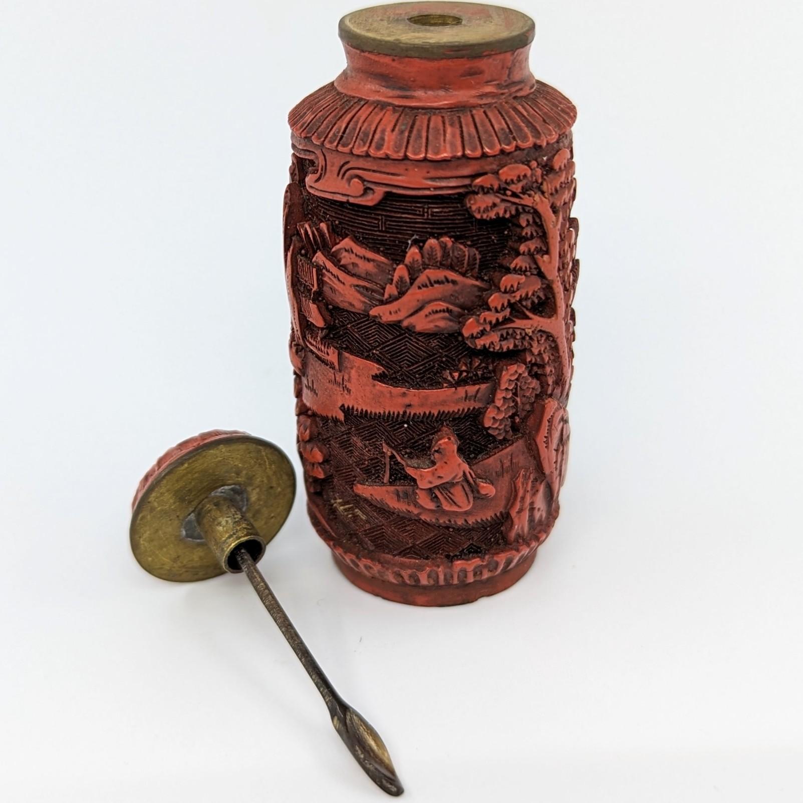Antique Chinese Carved Cinnabar Lacquer Snuff Bottle Cylindrical 18-19c Qing  3
