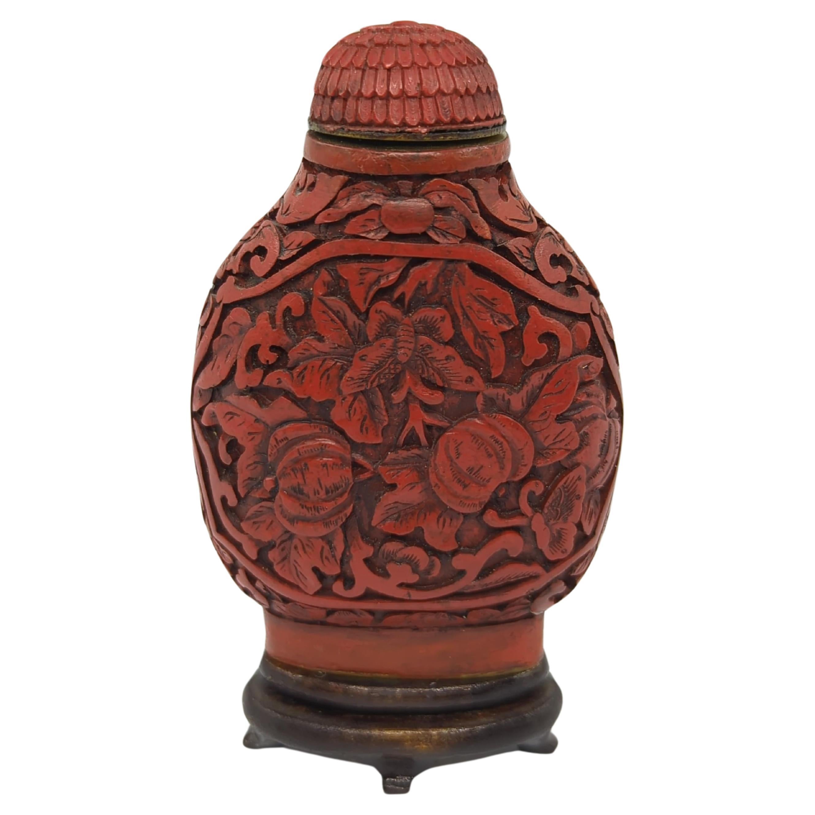 Antique Chinese Carved Cinnabar Lacquer Snuff Bottle Melons 19c Qing Daoguang Mk For Sale