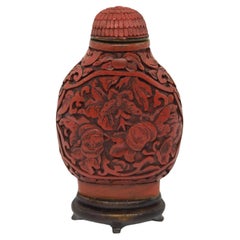 Antigua Botella de rapé china tallada en laca de cinabrio Melones 19c Qing Daoguang Mk
