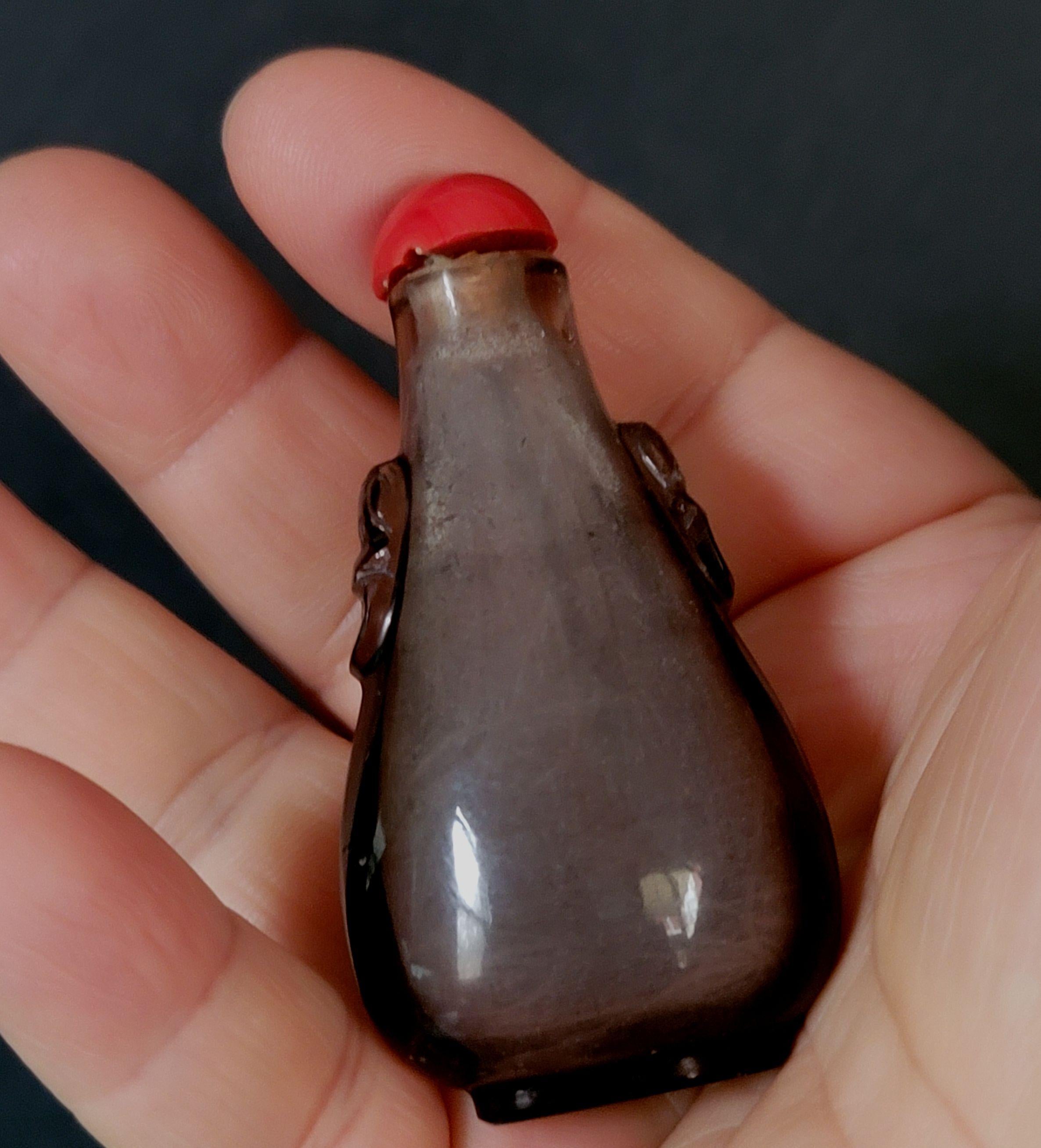 Antique Chinese Carved Dark Rock Crystal Snuff Bottle, 19th Century For Sale 6