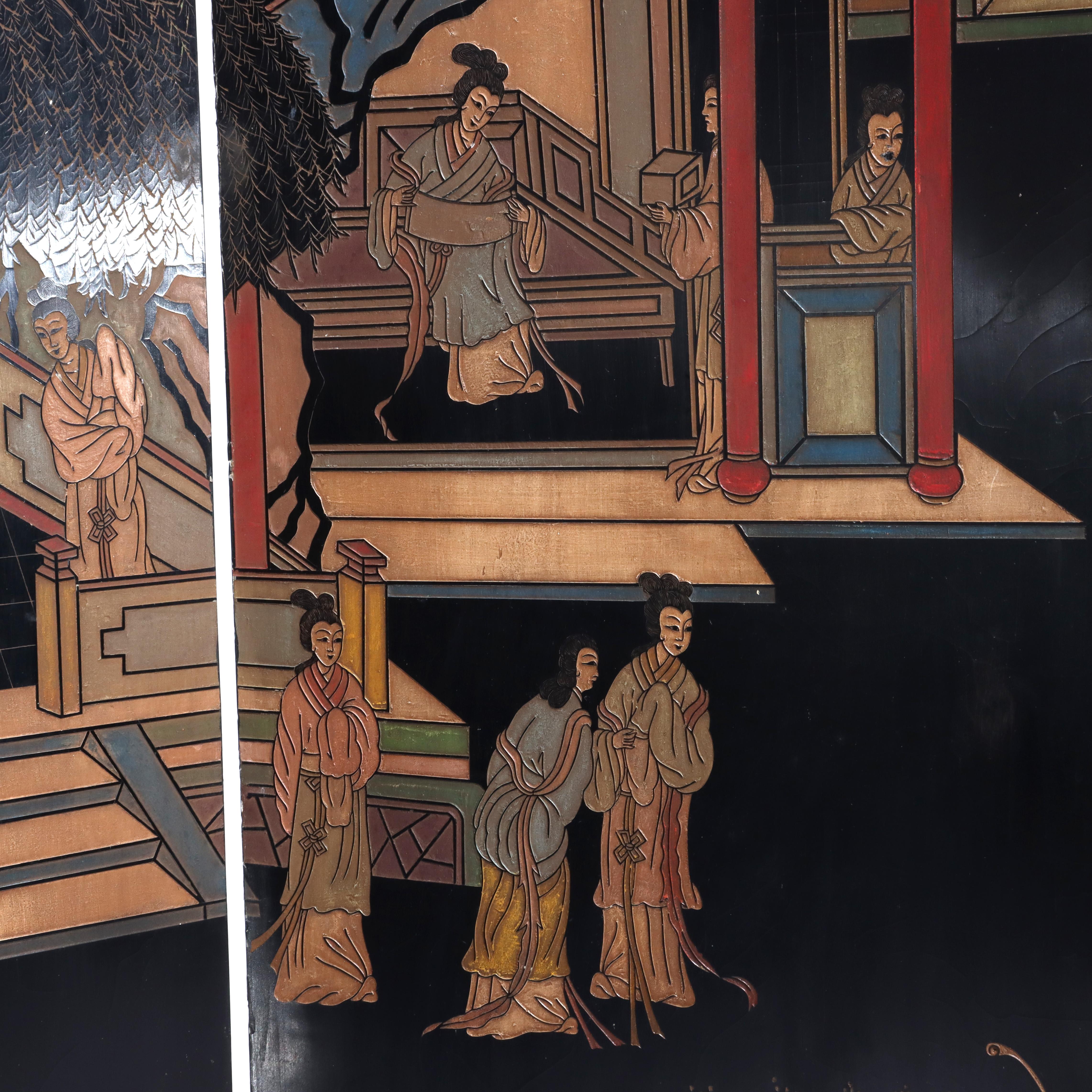 Antique Chinese Carved, Ebonized & Hand Painted Four-Panel Dressing Screen c1930 For Sale 5