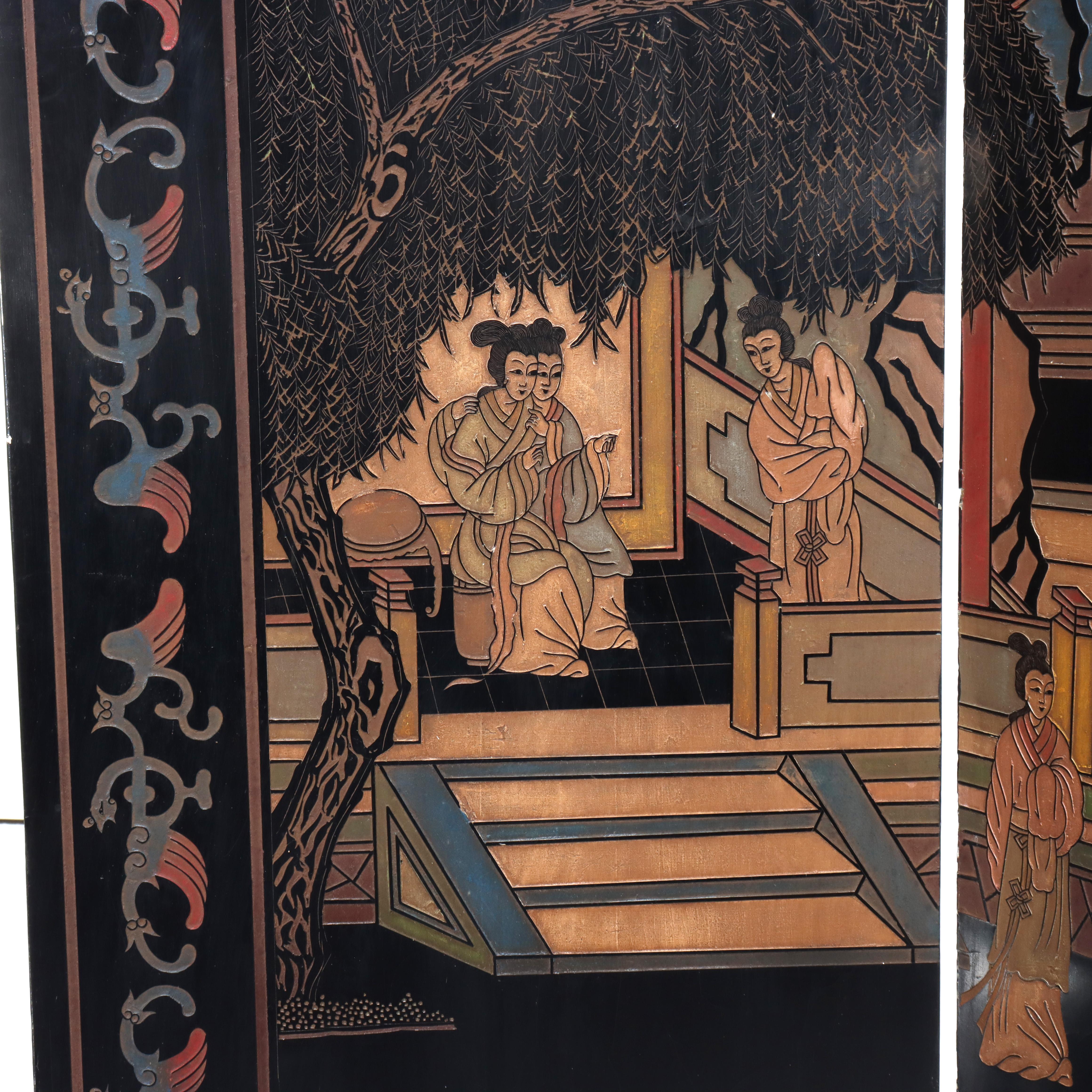 Antique Chinese Carved, Ebonized & Hand Painted Four-Panel Dressing Screen c1930 For Sale 6
