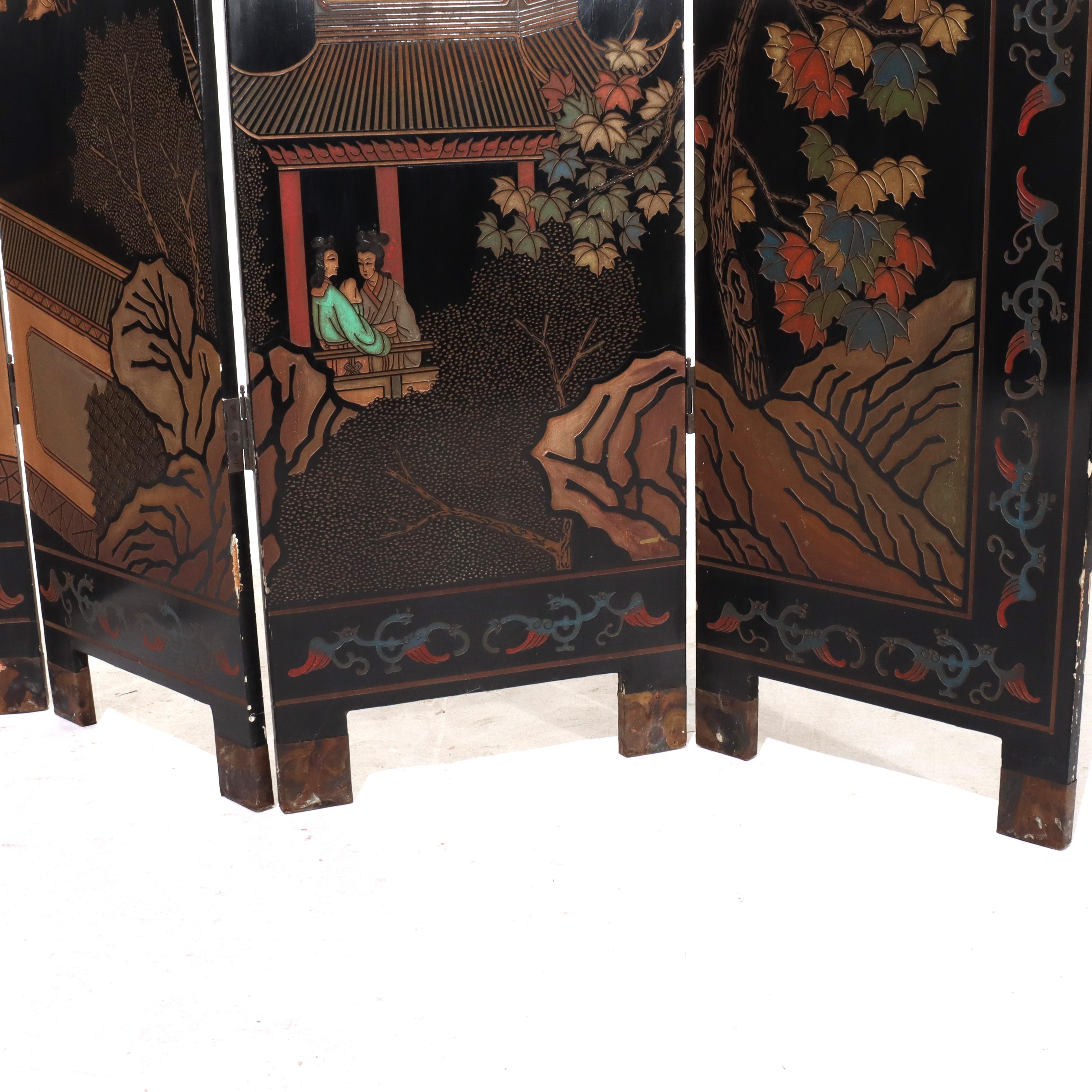 Antique Chinese Carved, Ebonized & Hand Painted Four-Panel Dressing Screen c1930 For Sale 7