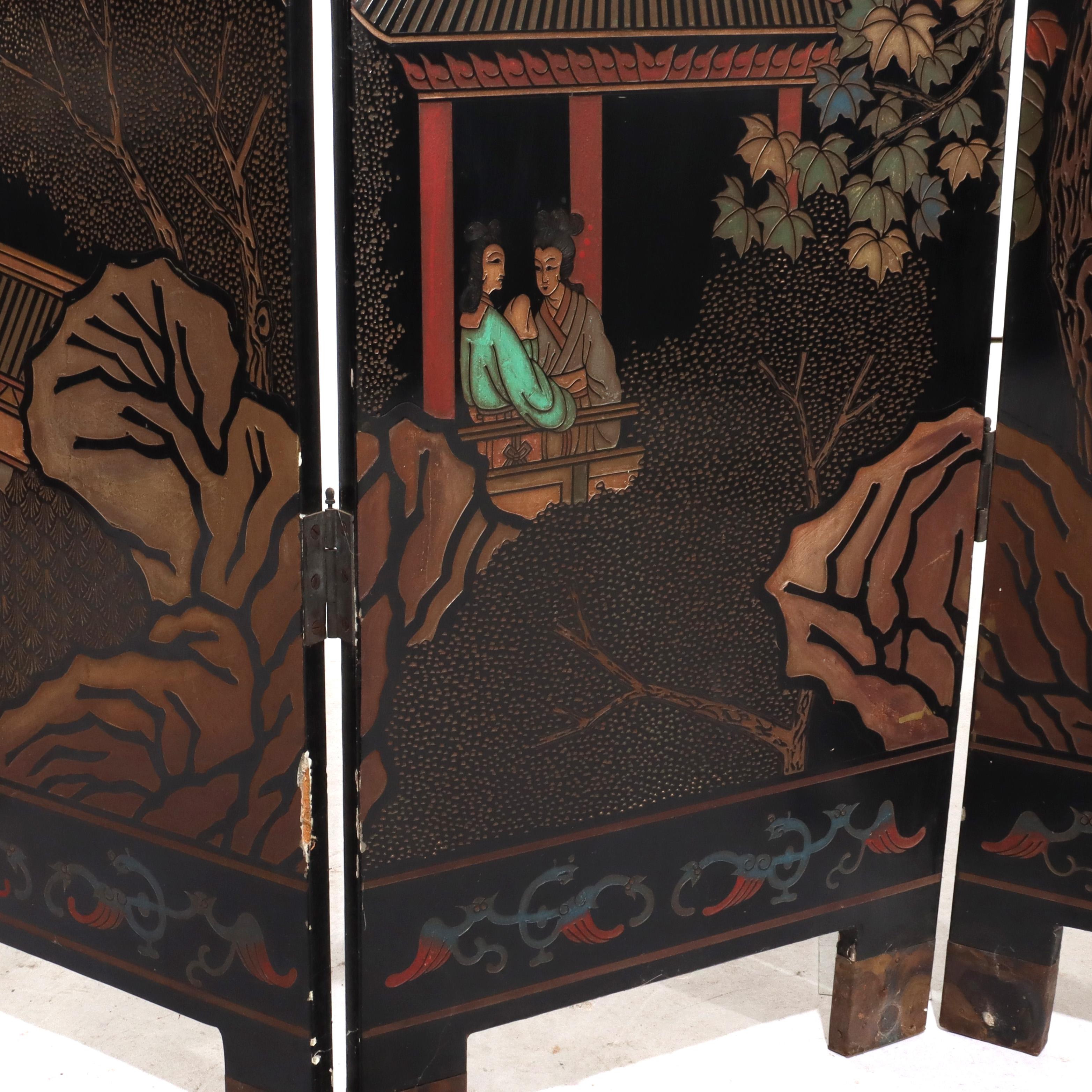 Antique Chinese Carved, Ebonized & Hand Painted Four-Panel Dressing Screen c1930 For Sale 8