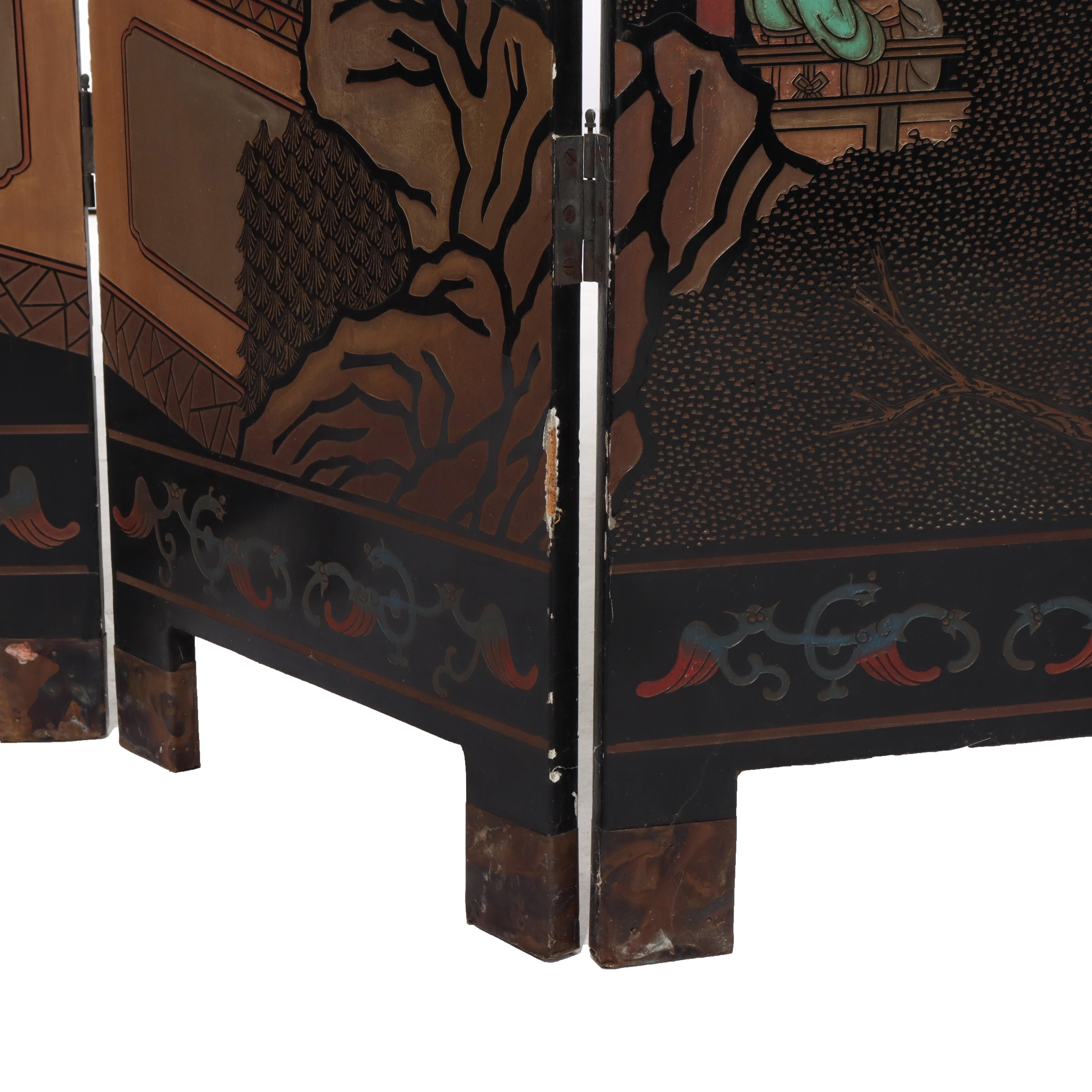 Antique Chinese Carved, Ebonized & Hand Painted Four-Panel Dressing Screen c1930 For Sale 9