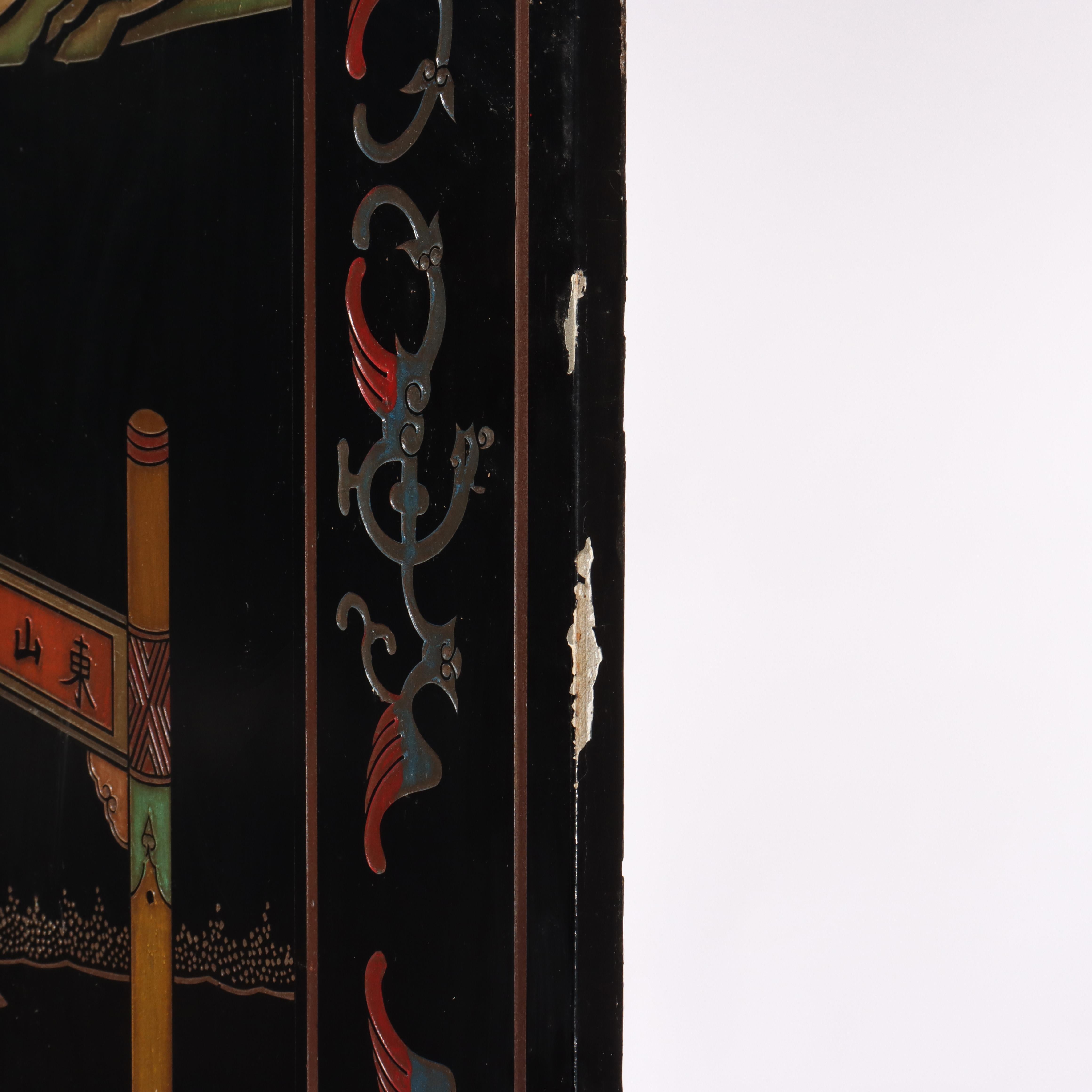 Antique Chinese Carved, Ebonized & Hand Painted Four-Panel Dressing Screen c1930 For Sale 10