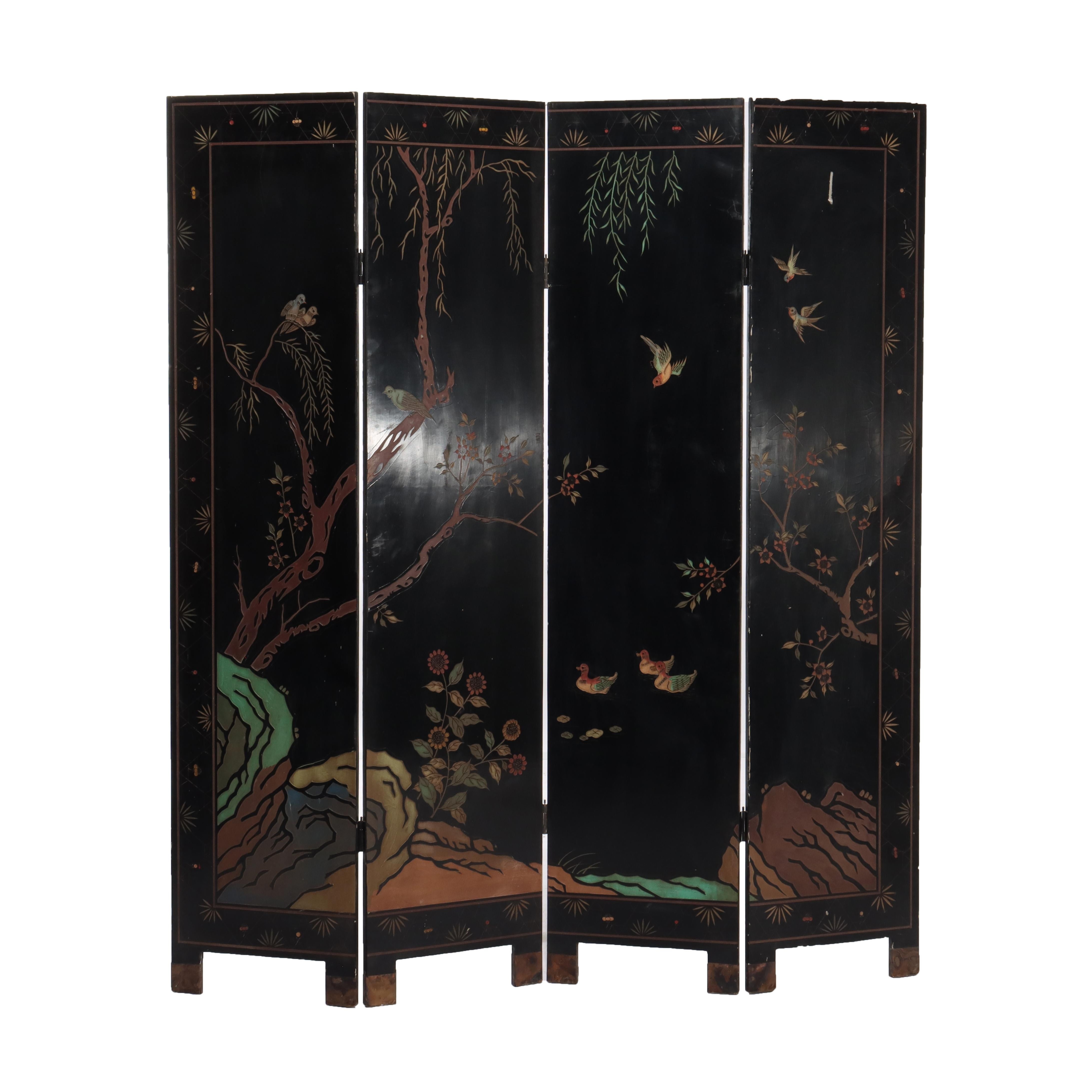 Antique Chinese Carved, Ebonized & Hand Painted Four-Panel Dressing Screen c1930 For Sale 11