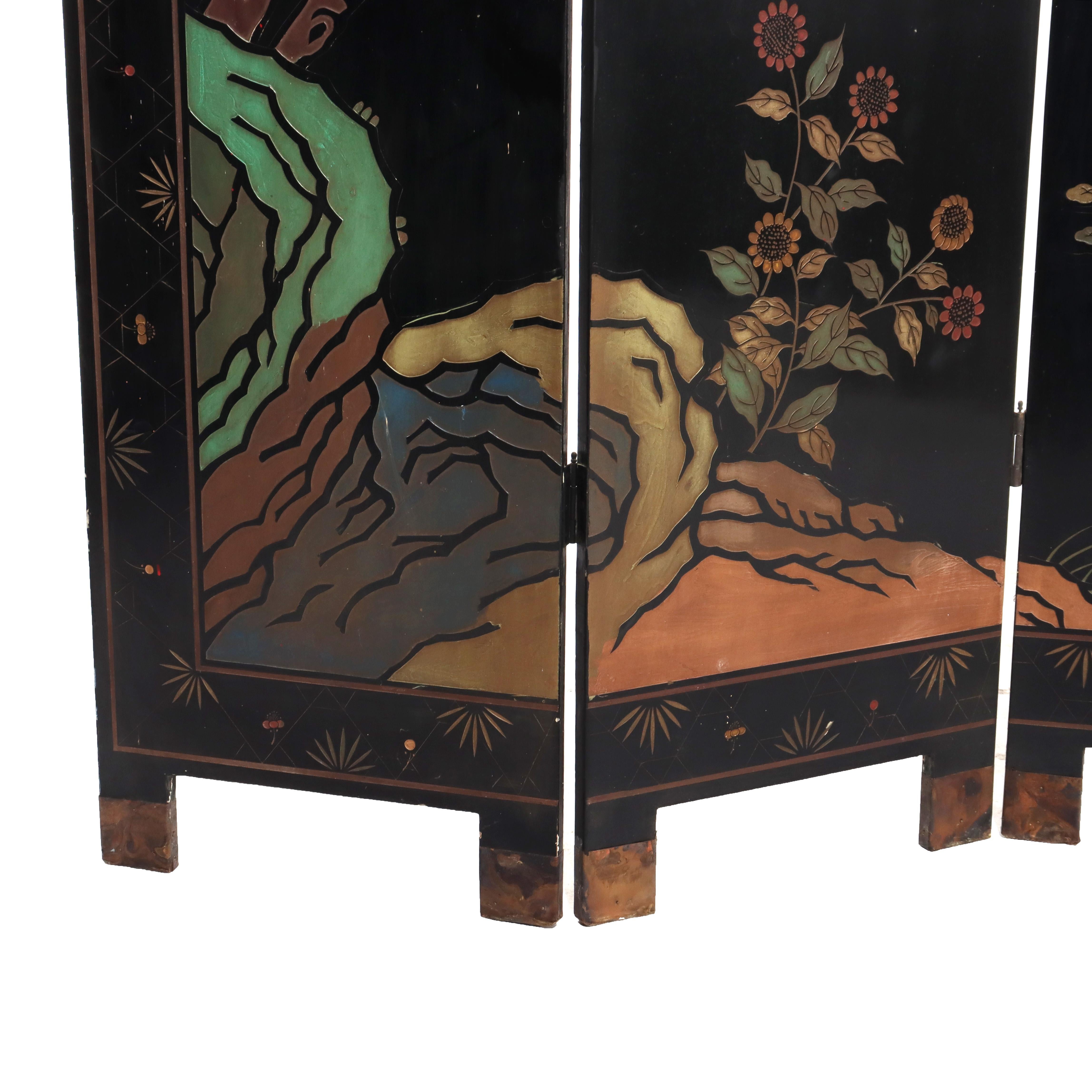 Antique Chinese Carved, Ebonized & Hand Painted Four-Panel Dressing Screen c1930 For Sale 12