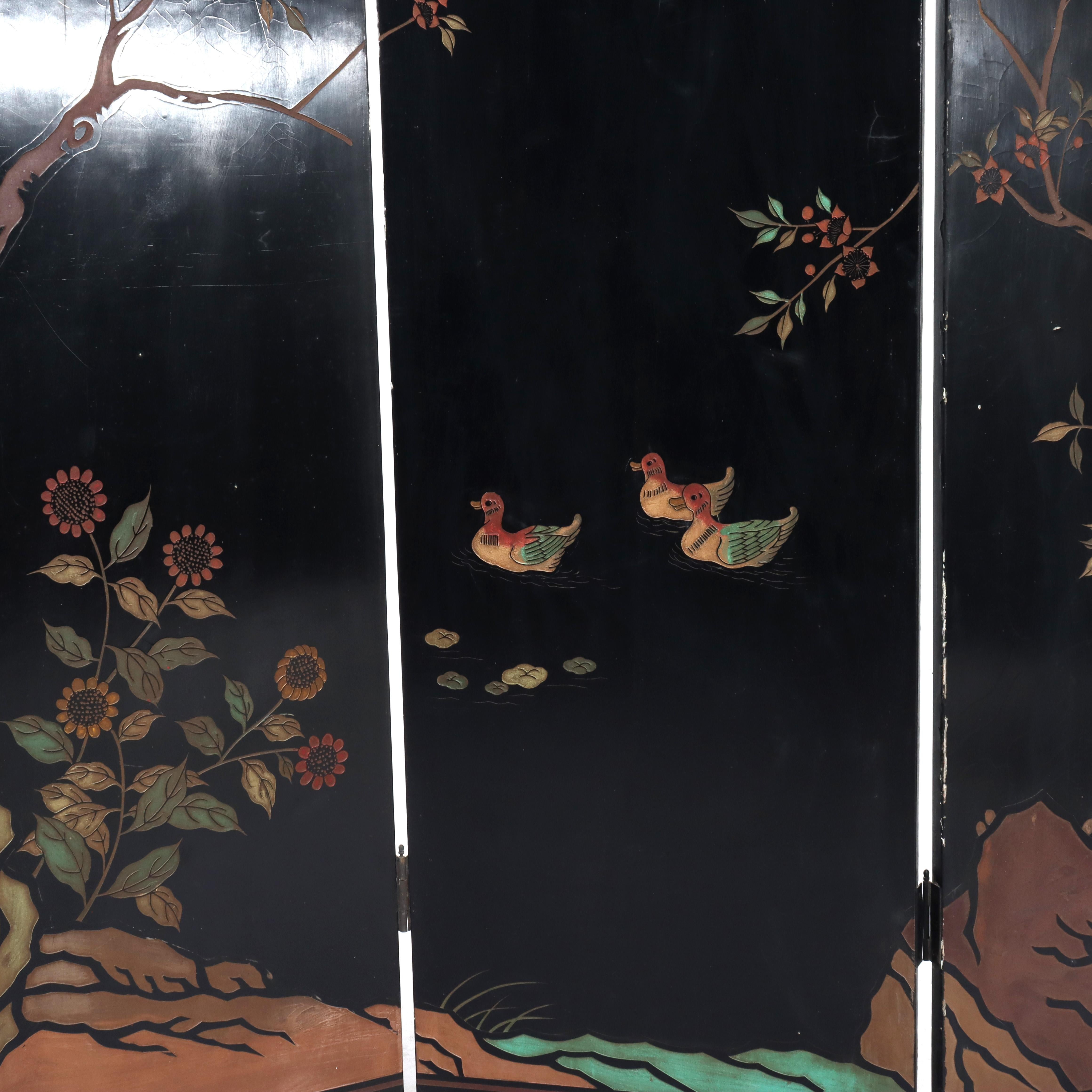 Antique Chinese Carved, Ebonized & Hand Painted Four-Panel Dressing Screen c1930 For Sale 13