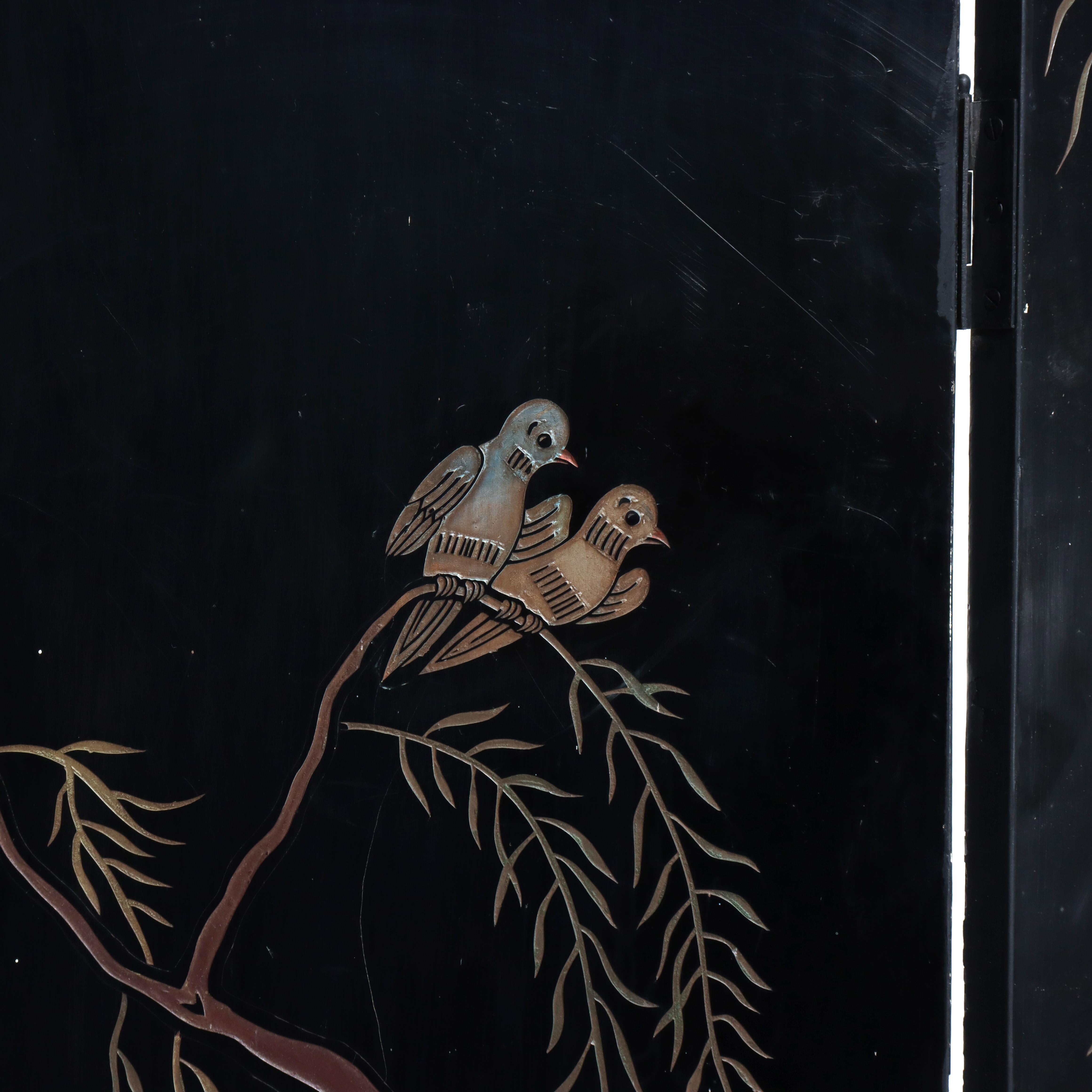 Antique Chinese Carved, Ebonized & Hand Painted Four-Panel Dressing Screen c1930 For Sale 14