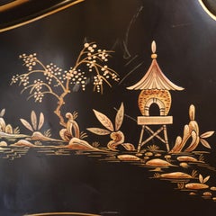 Antique Chinese Carved, Ebonized & Hand Painted Four-Panel Dressing Screen c1930