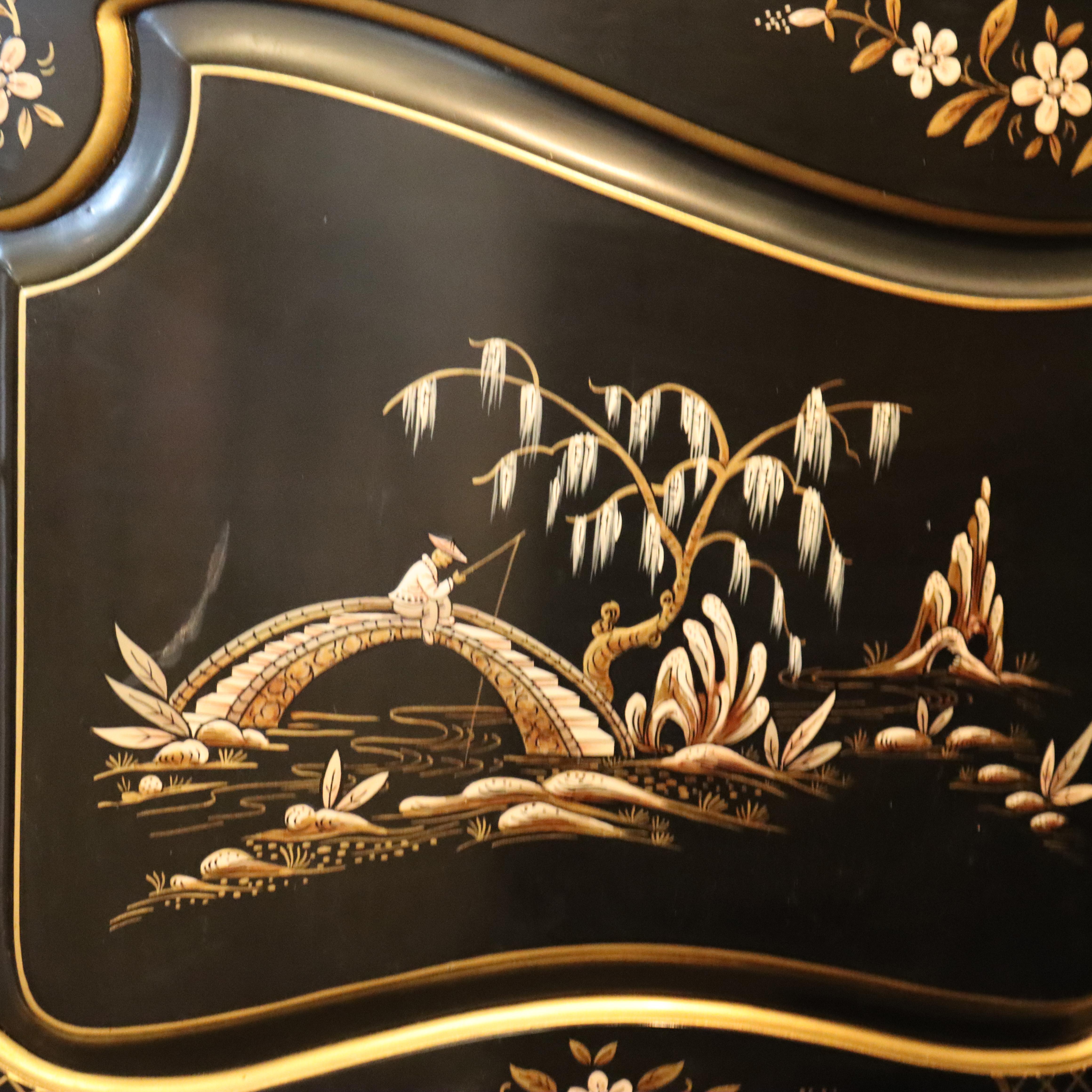 Antique Chinese Carved, Ebonized & Hand Painted Four-Panel Dressing Screen c1930 In Good Condition For Sale In Big Flats, NY
