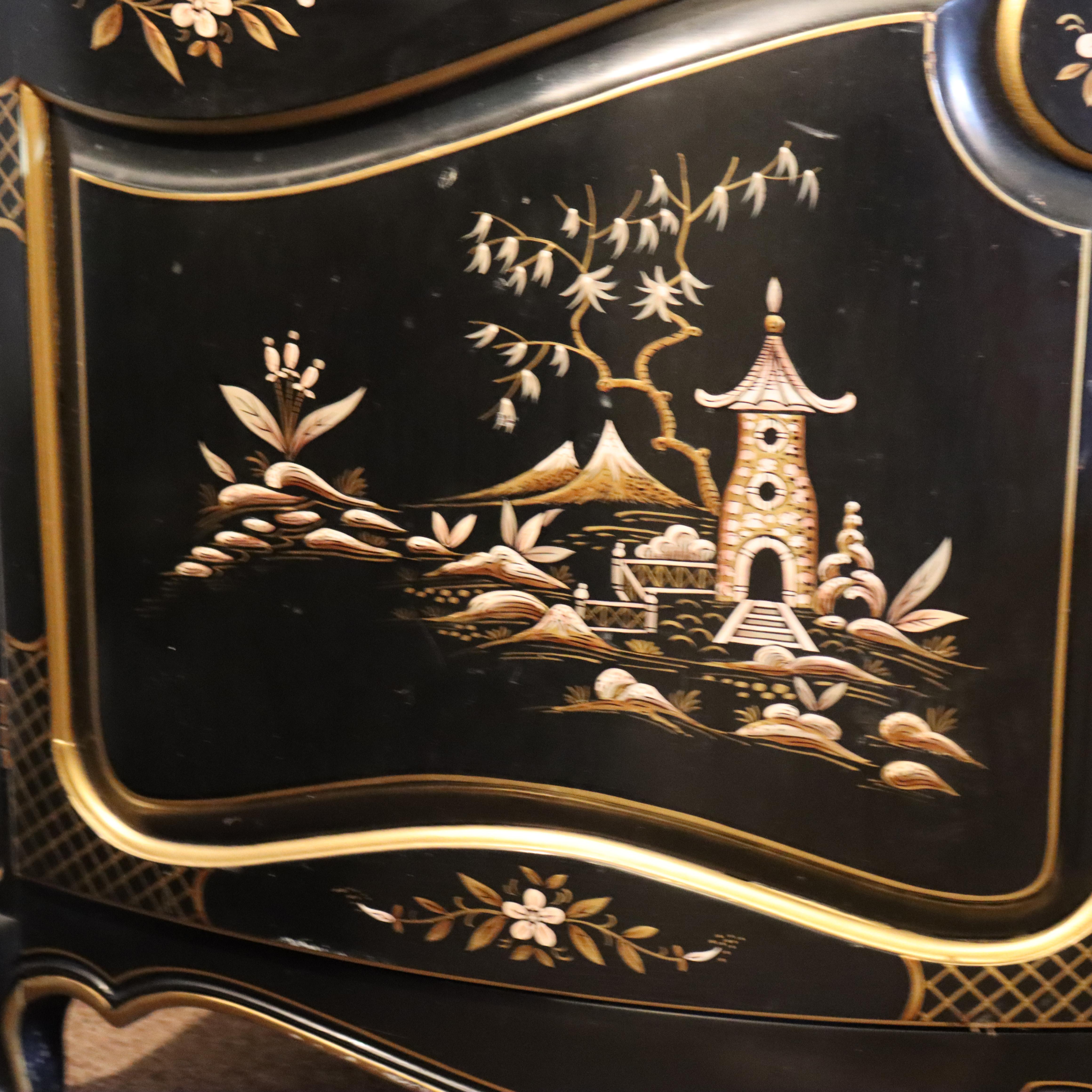 20th Century Antique Chinese Carved, Ebonized & Hand Painted Four-Panel Dressing Screen c1930 For Sale