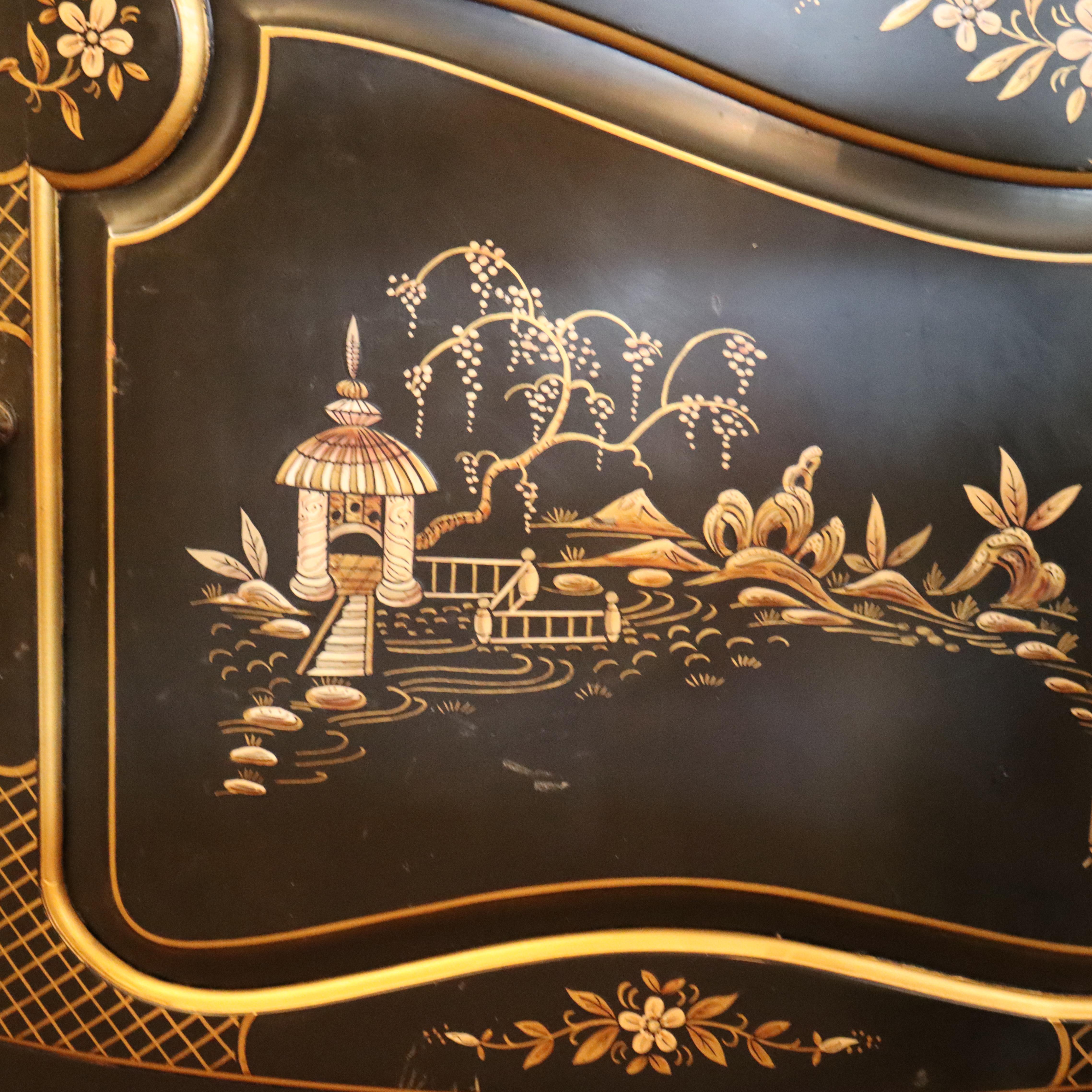 Wood Antique Chinese Carved, Ebonized & Hand Painted Four-Panel Dressing Screen c1930 For Sale