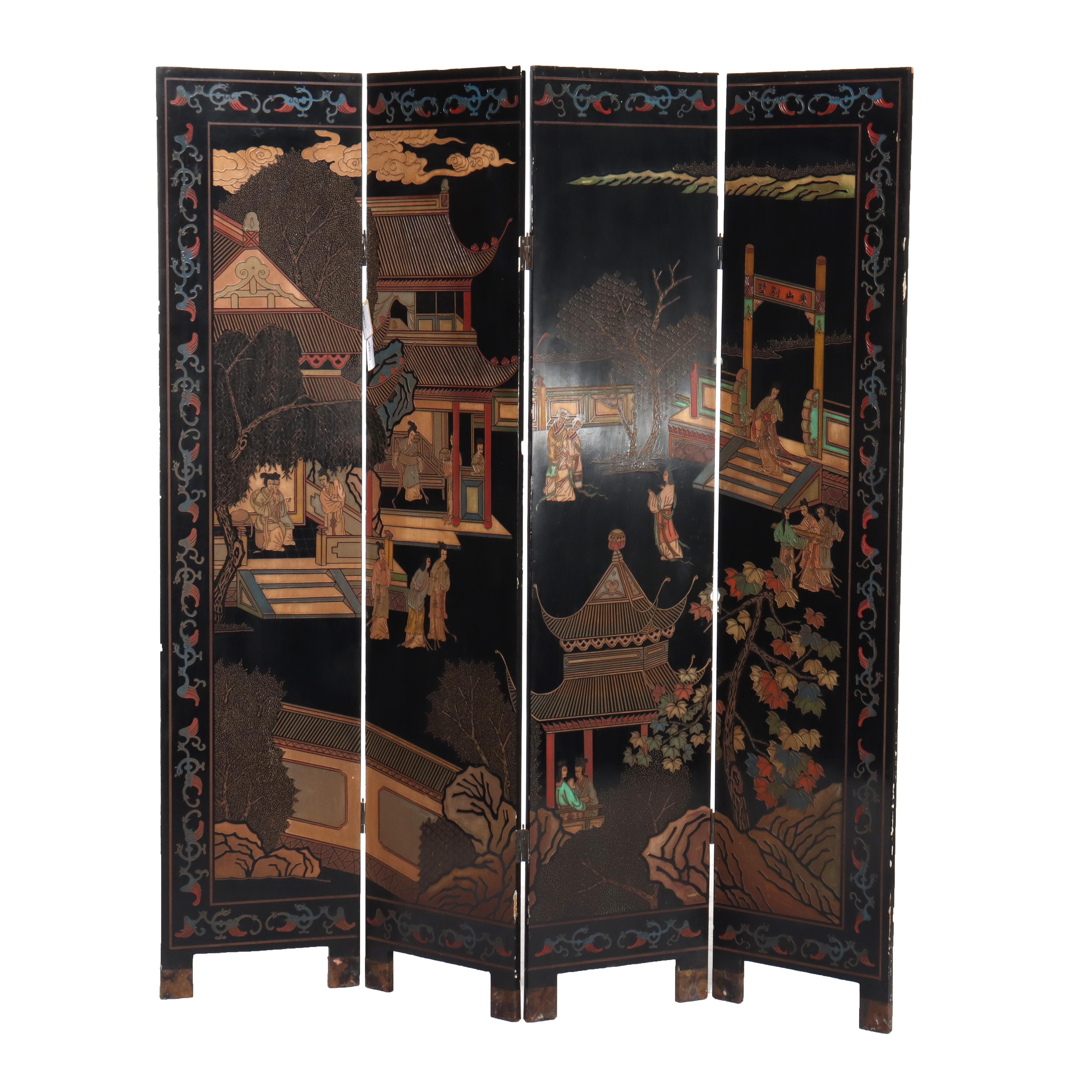 Antique Chinese Carved, Ebonized & Hand Painted Four-Panel Dressing Screen c1930 For Sale 1