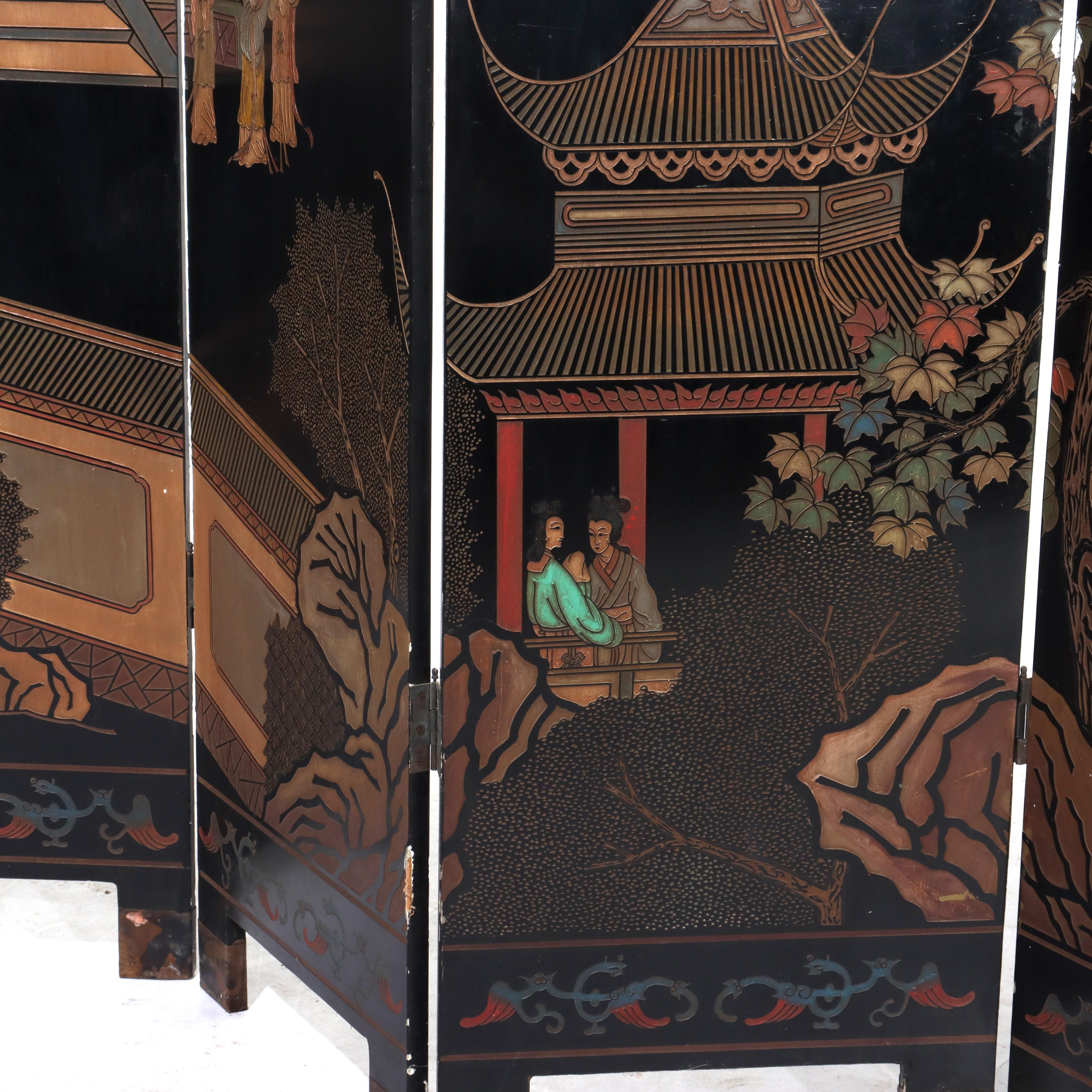Antique Chinese Carved, Ebonized & Hand Painted Four-Panel Dressing Screen c1930 For Sale 2