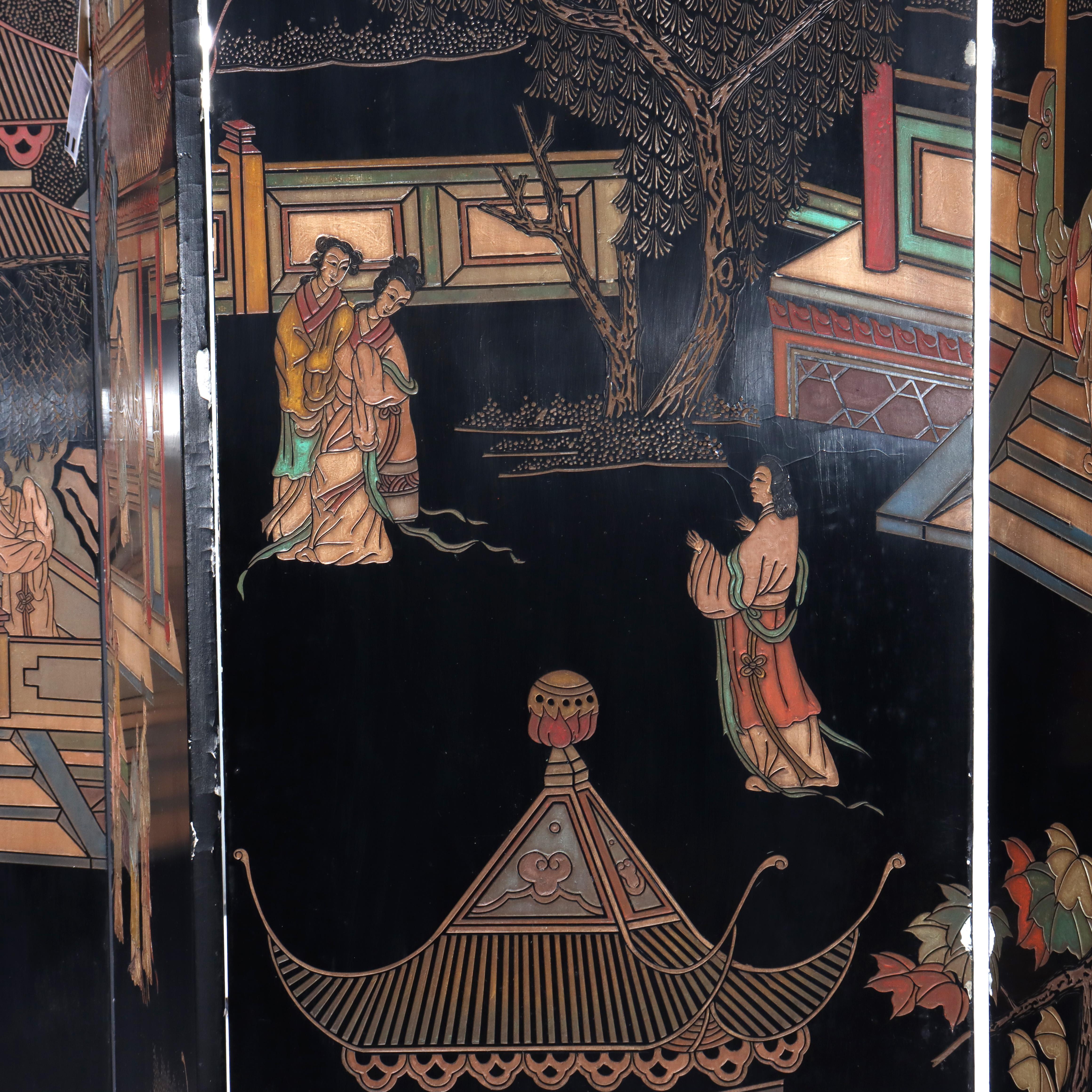 Antique Chinese Carved, Ebonized & Hand Painted Four-Panel Dressing Screen c1930 For Sale 3