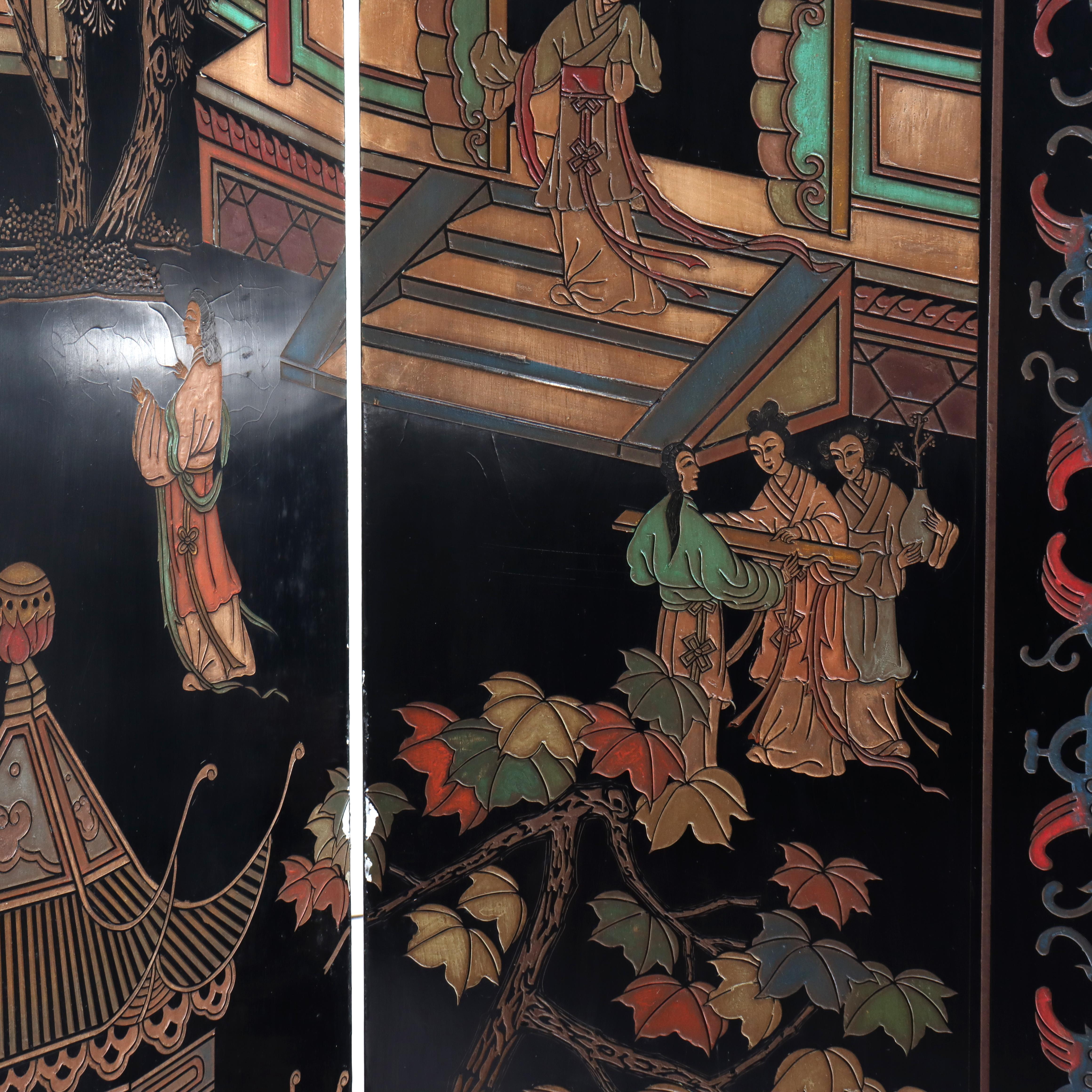 Antique Chinese Carved, Ebonized & Hand Painted Four-Panel Dressing Screen c1930 For Sale 4