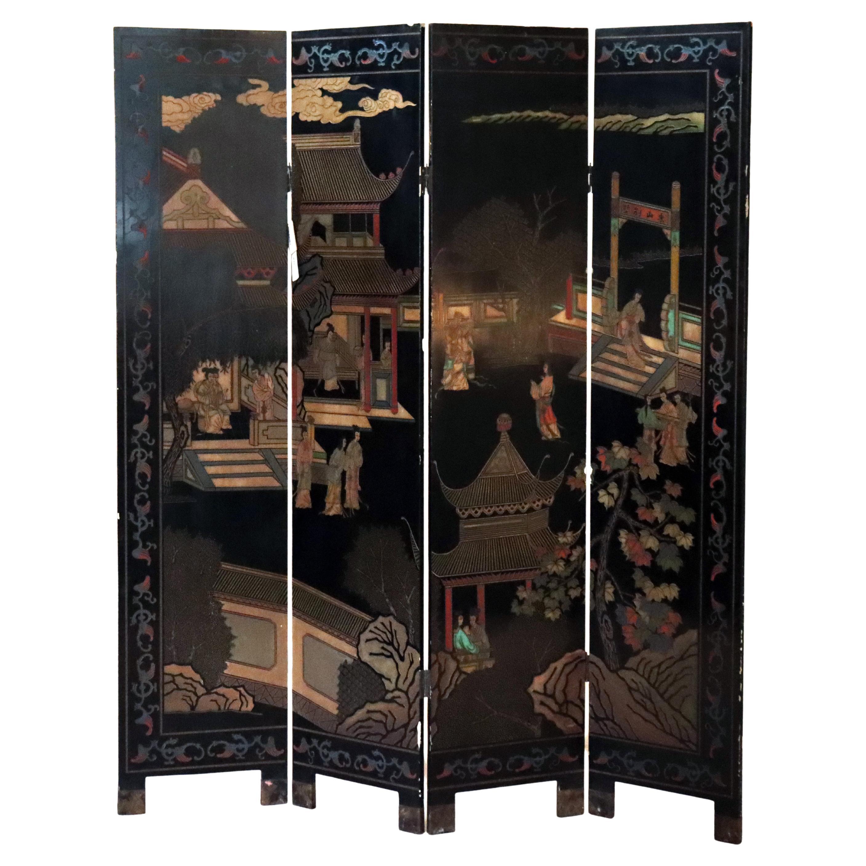 Antique Chinese Carved, Ebonized & Hand Painted Four-Panel Dressing Screen c1930 For Sale