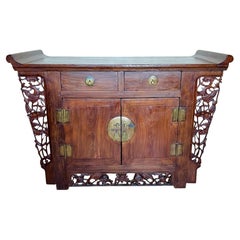 Antique Chinese Carved Elm Wood Altar Cabinet