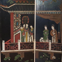 Paravent chinois ancien sculpté, gravé et polychromé en laque noire
