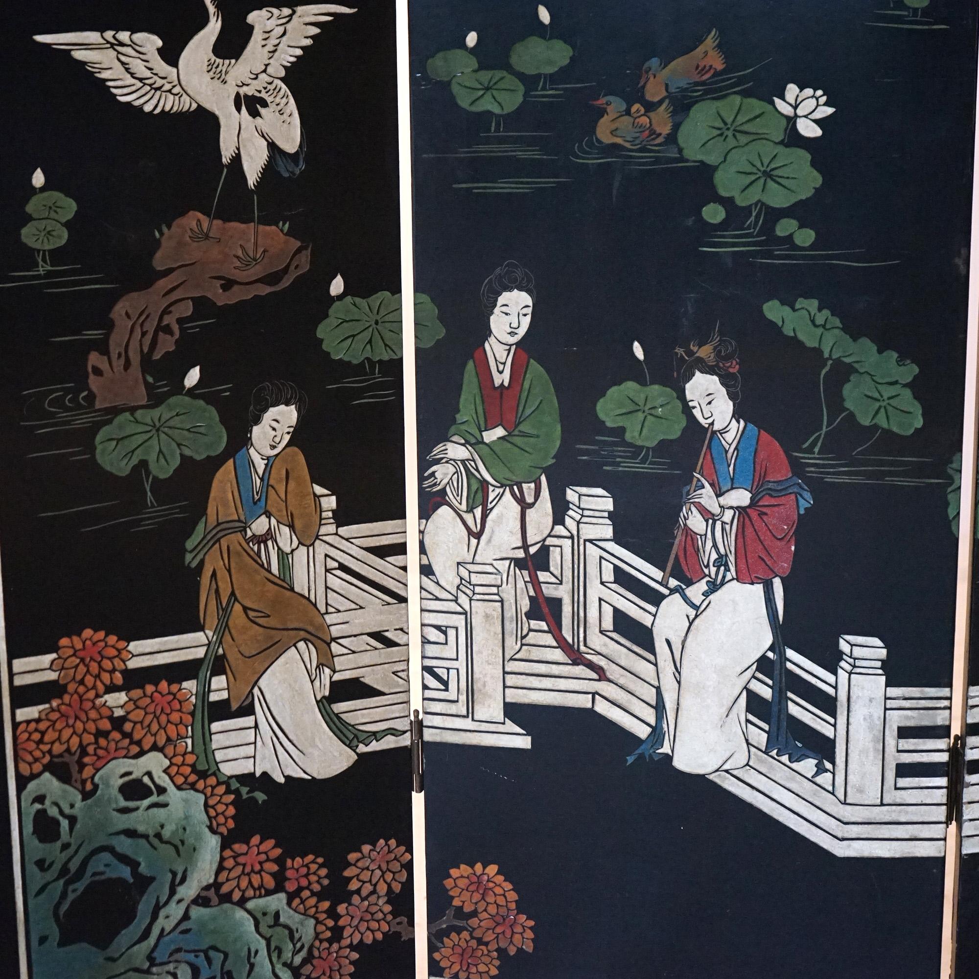 Antique Chinese Carved, Engraved & Polychromed Black Lacquer Dressing Screen In Good Condition In Big Flats, NY