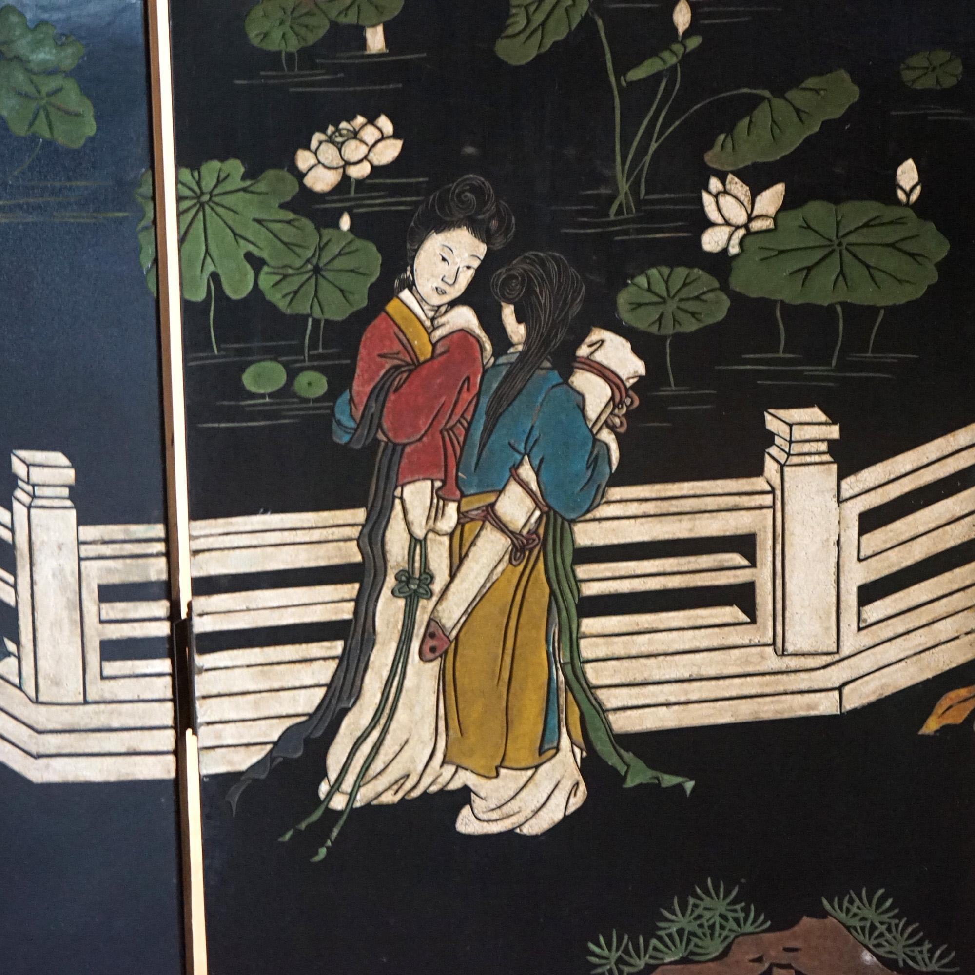 20th Century Antique Chinese Carved, Engraved & Polychromed Black Lacquer Dressing Screen