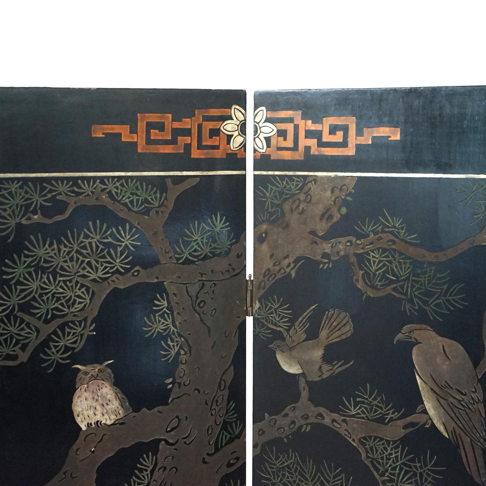 Antique Chinese Carved, Engraved & Polychromed Black Lacquer Dressing Screen 4