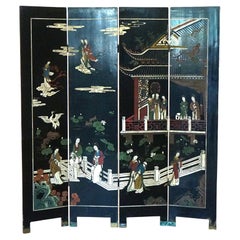 Antique Chinese Carved, Engraved & Polychromed Black Lacquer Dressing Screen