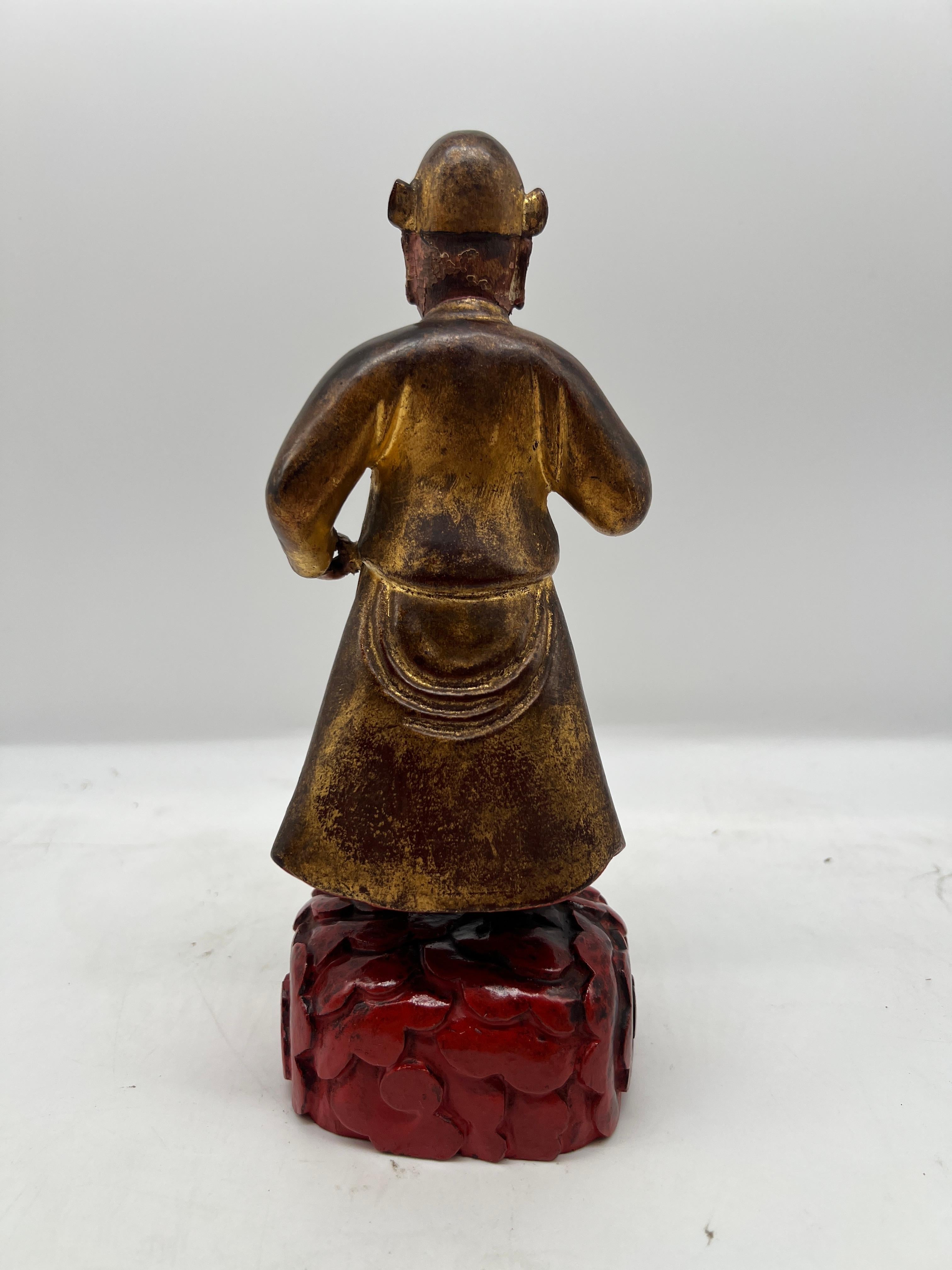 Chinese Export Antique Chinese Carved Gilt Wood & Polychrome Decorated Figure For Sale