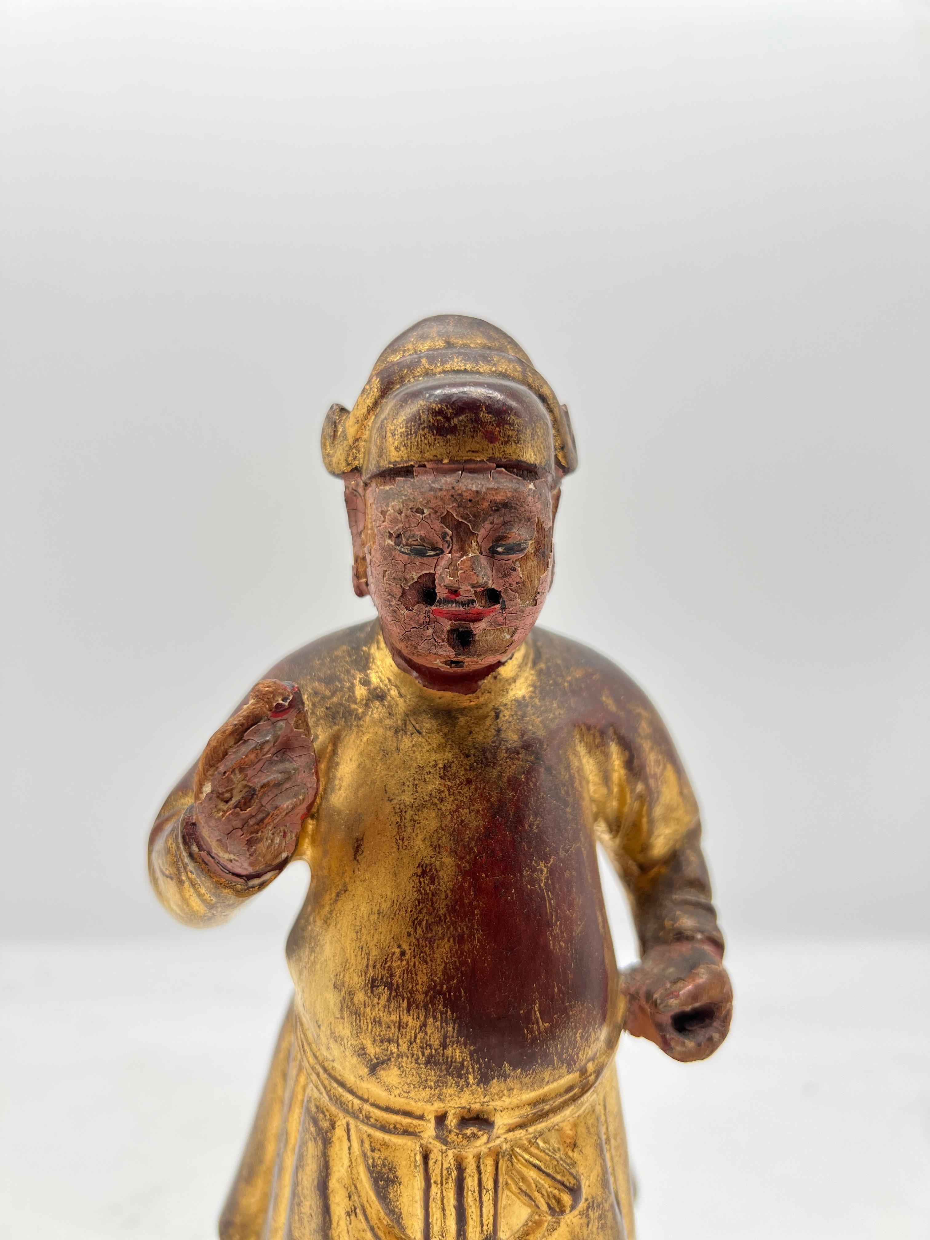 19th Century Antique Chinese Carved Gilt Wood & Polychrome Decorated Figure For Sale