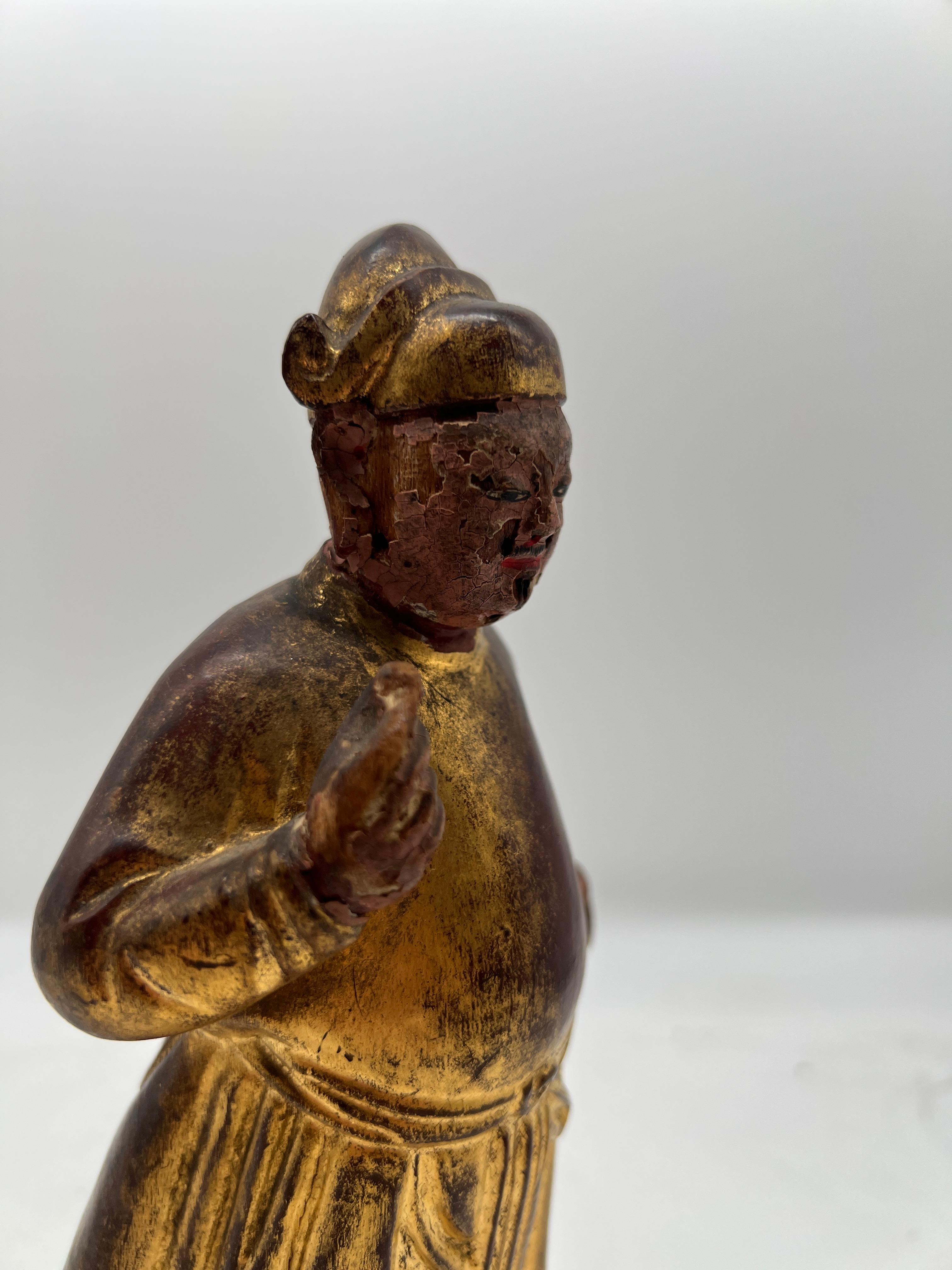 Giltwood Antique Chinese Carved Gilt Wood & Polychrome Decorated Figure For Sale
