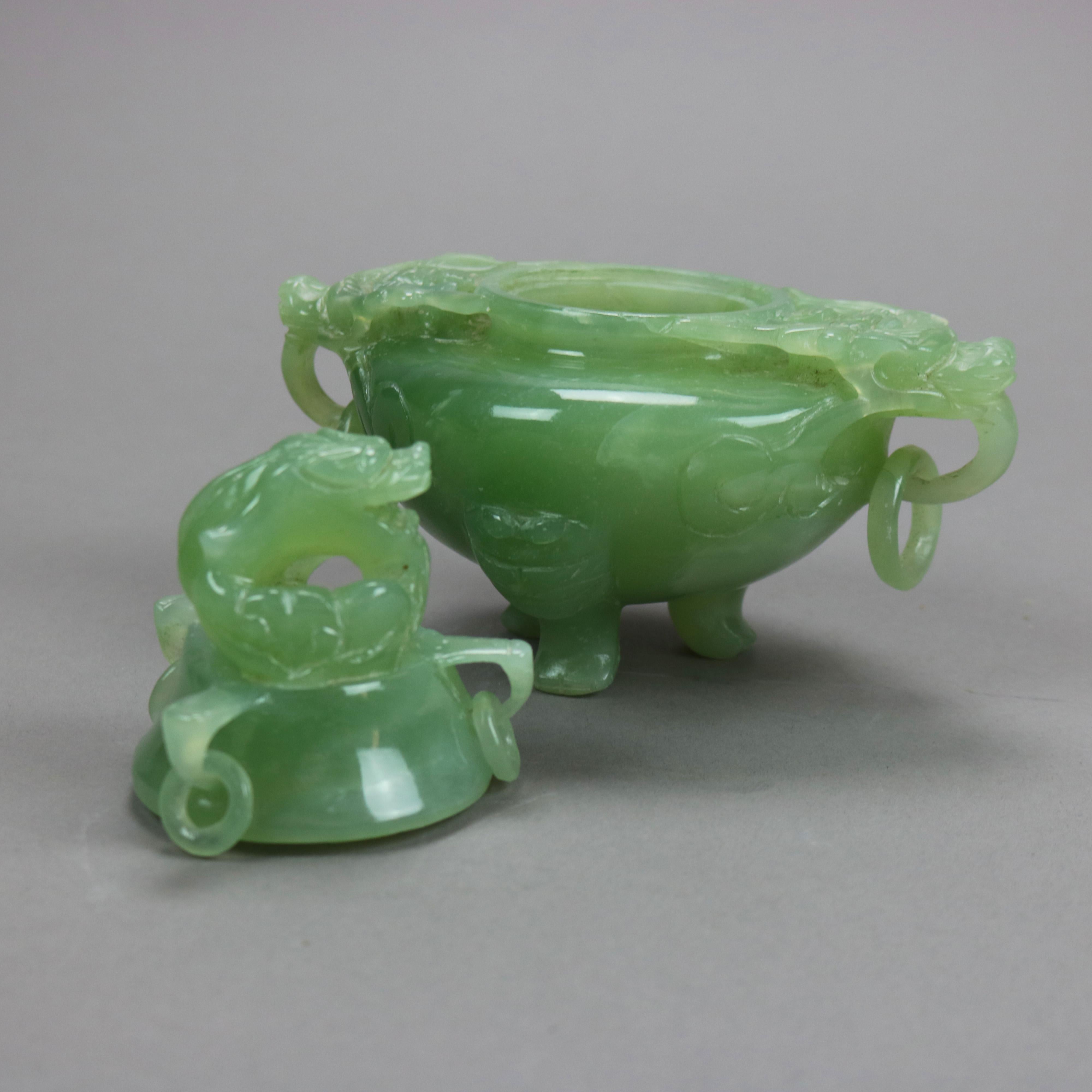 Antique Chinese Carved Green Jade Figural & Footed Dragon Censor circa 1920 6