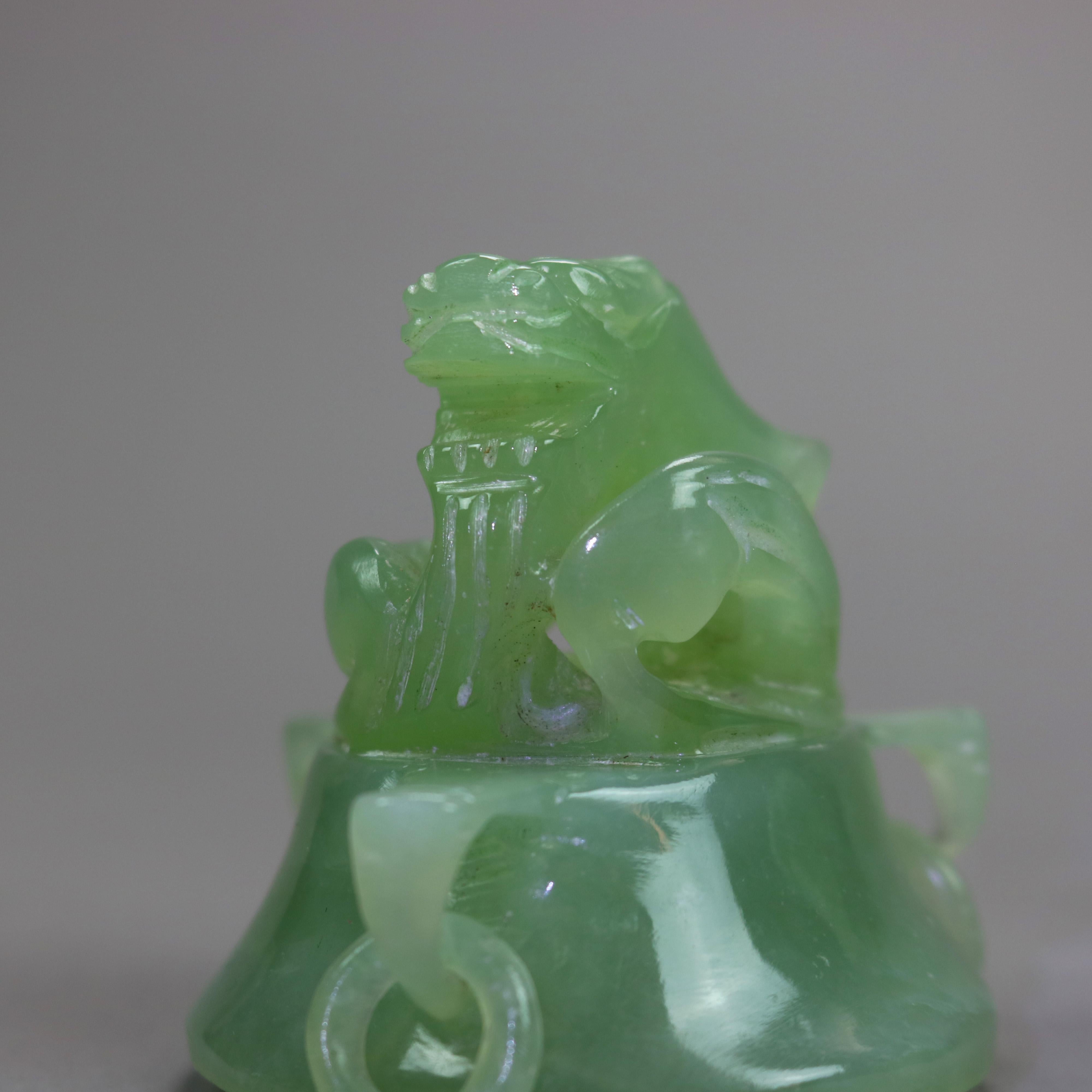 Antique Chinese Carved Green Jade Figural & Footed Dragon Censor circa 1920 11