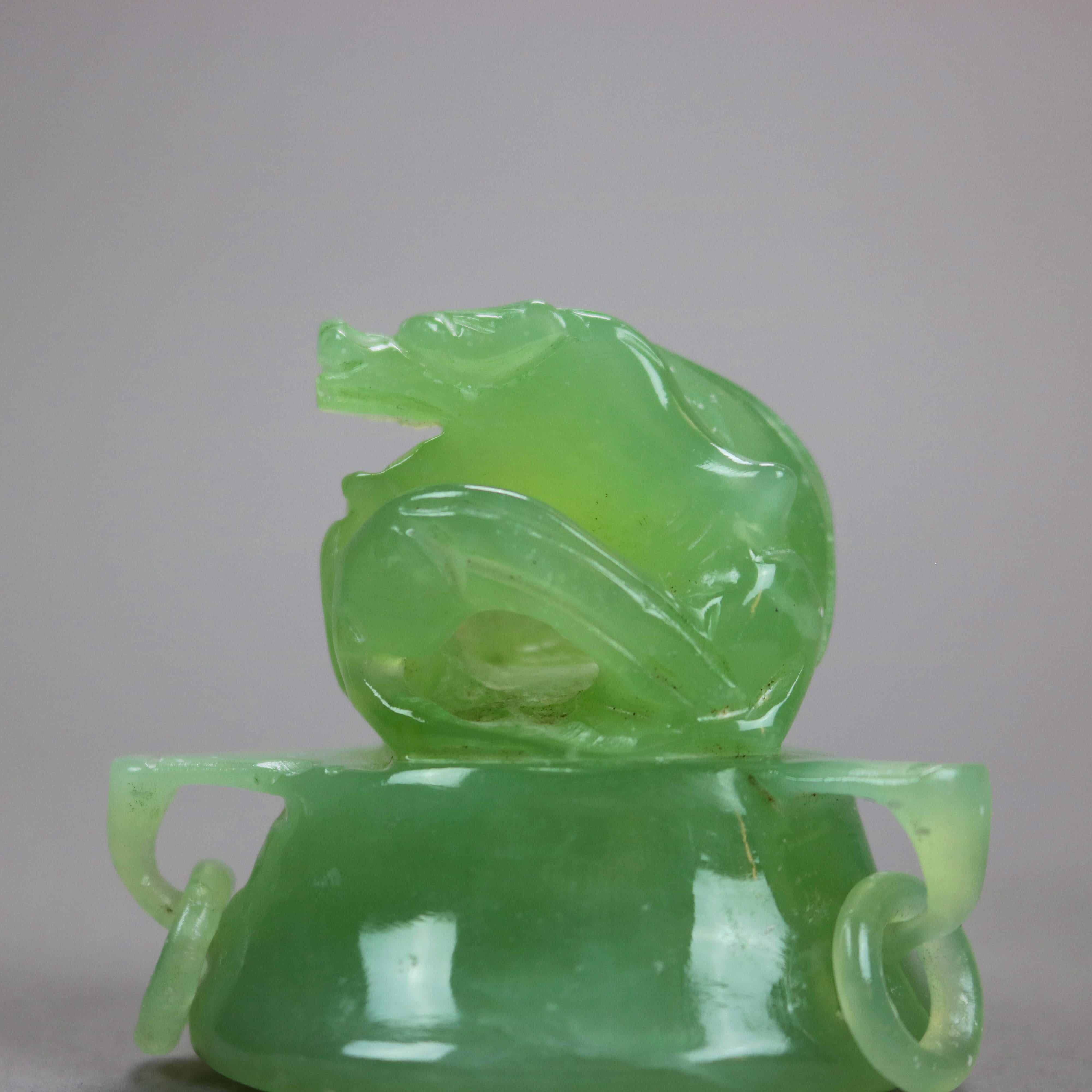 Antique Chinese Carved Green Jade Figural & Footed Dragon Censor circa 1920 12