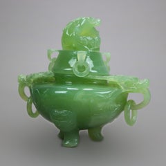Antique Chinese Carved Green Jade Figural & Footed Dragon Censor circa 1920