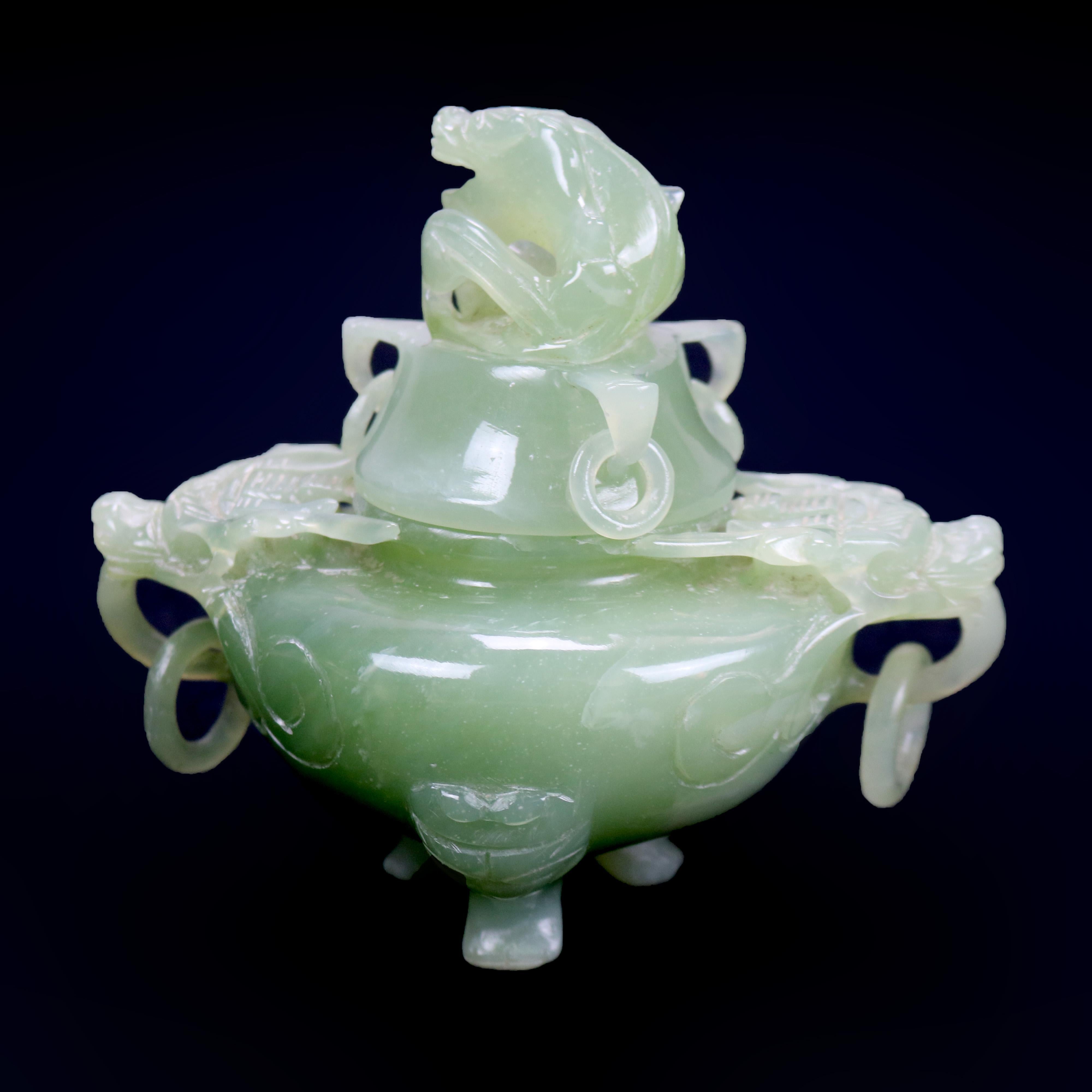 Antique Chinese Carved Green Jade Figural & Footed Dragon Censor circa 1920 In Good Condition In Big Flats, NY
